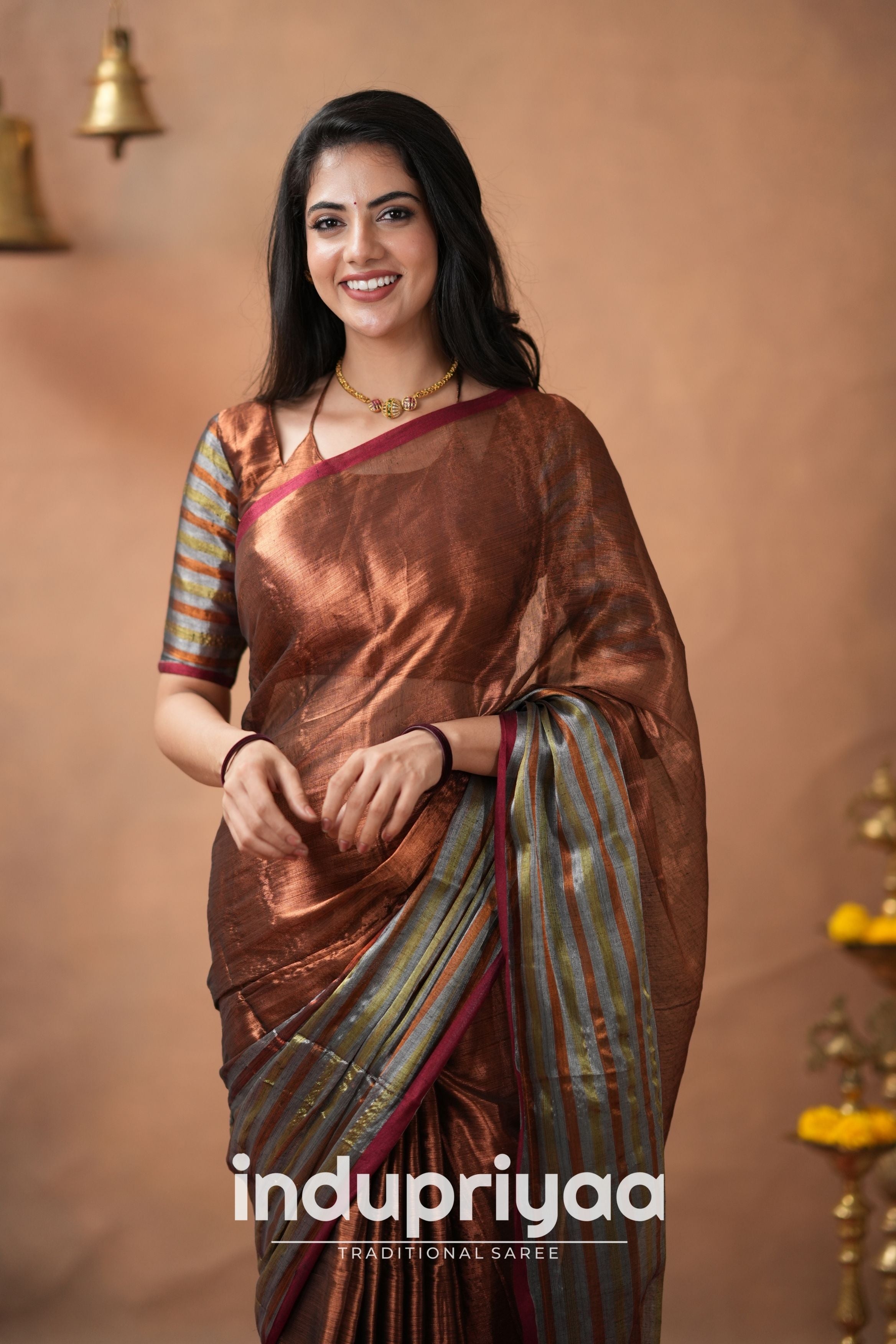 Copper Handloom Tissue Cotton Saree