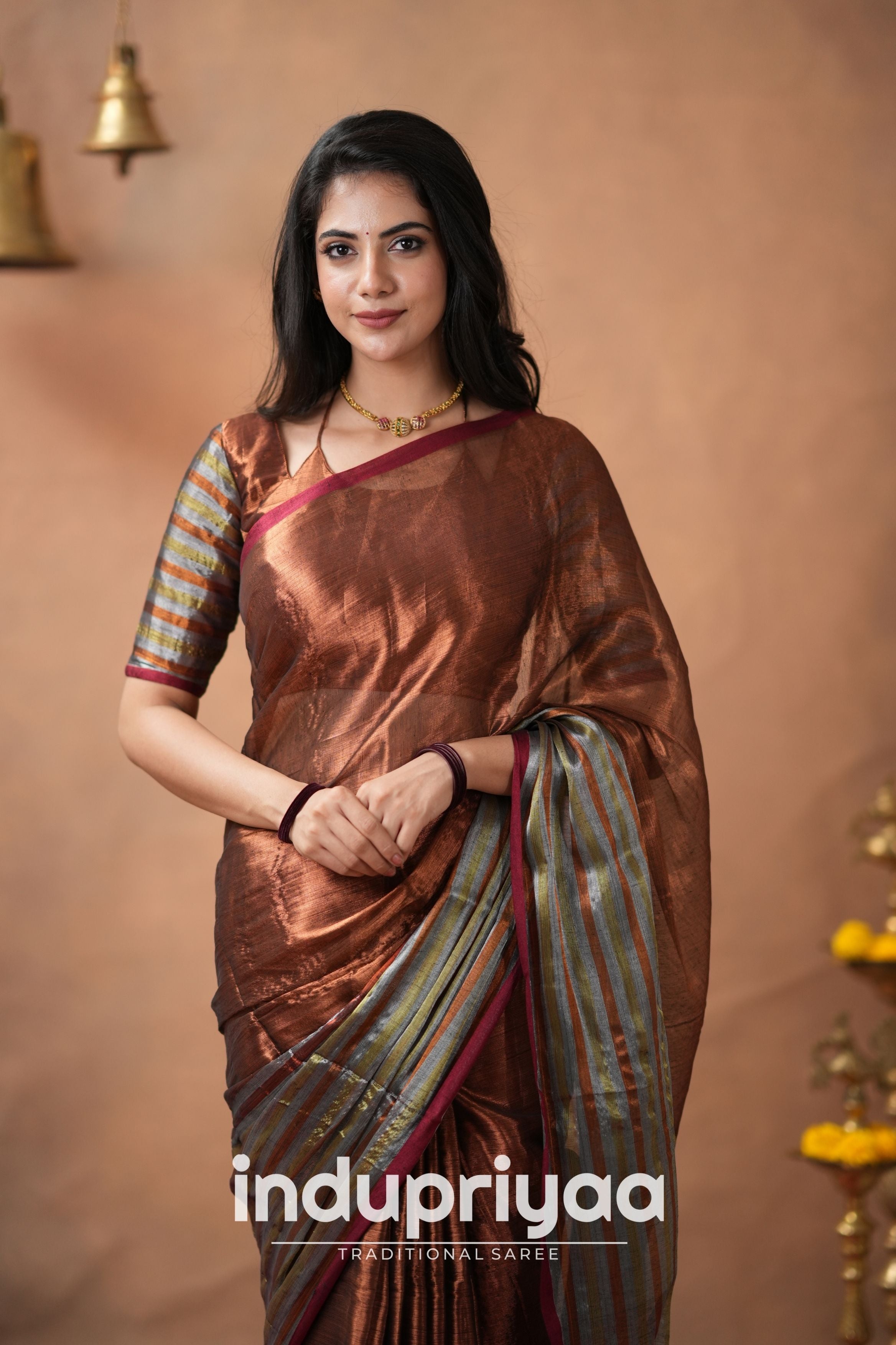 Copper Handloom Tissue Cotton Saree