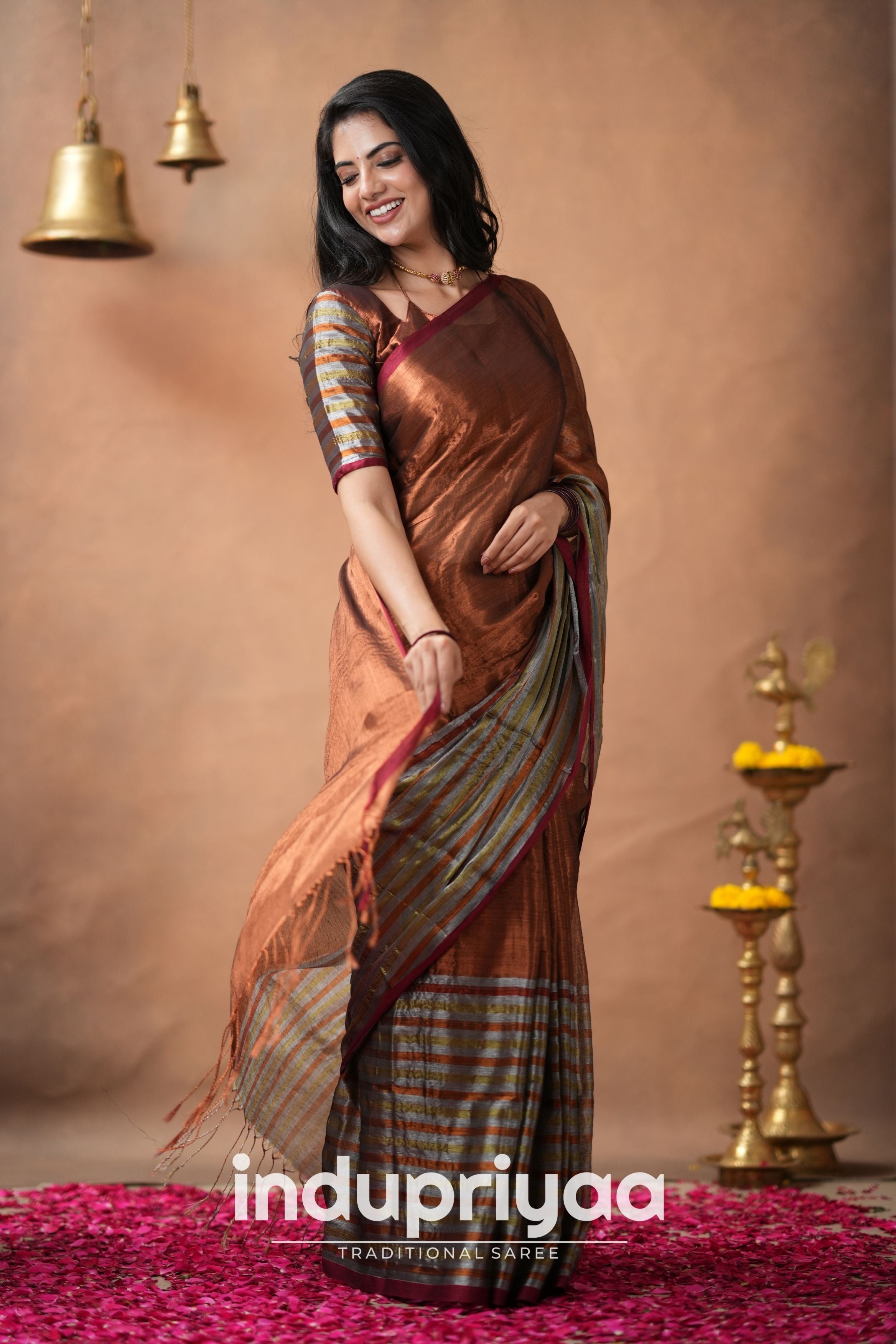Copper Handloom Tissue Cotton Saree