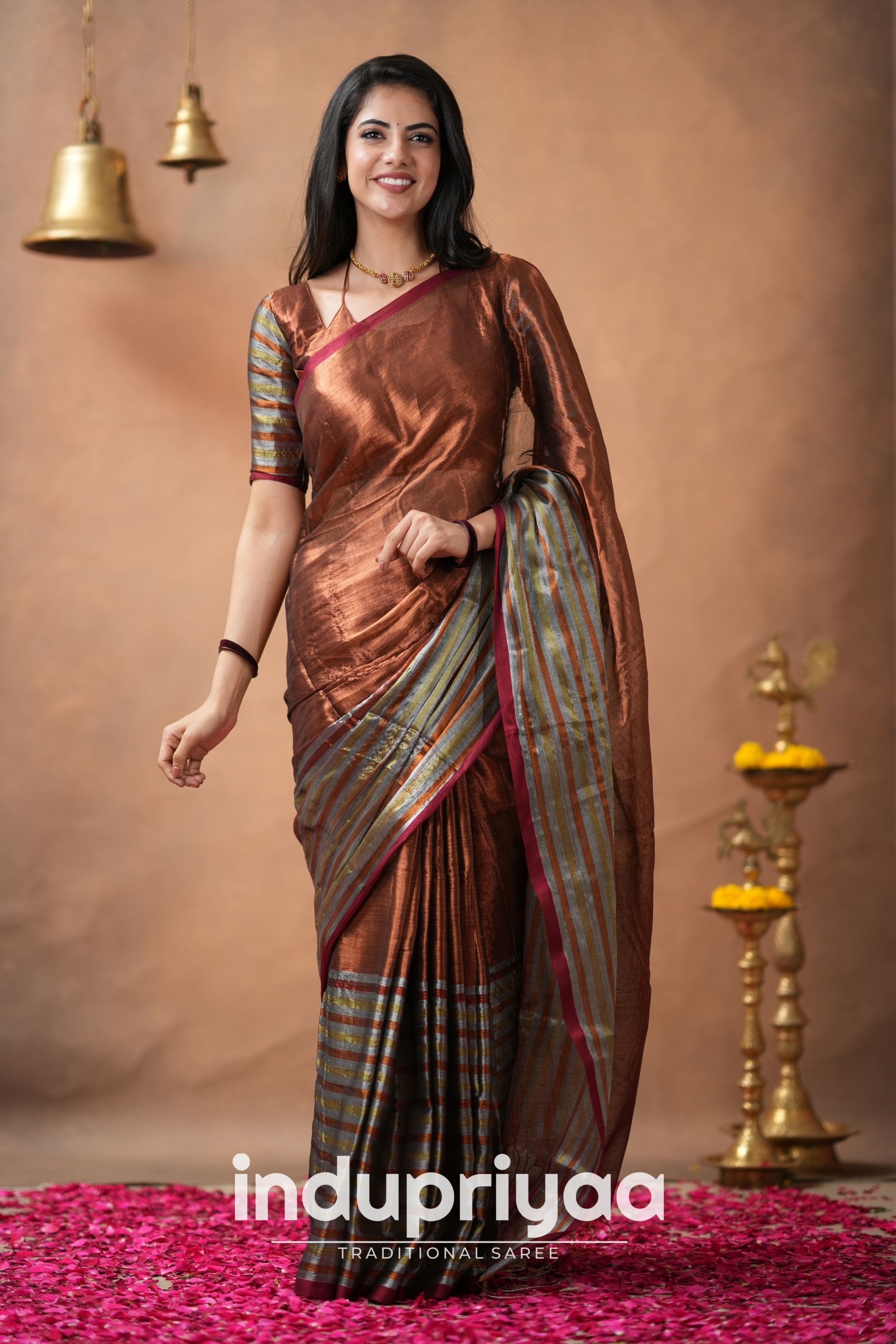 Copper Handloom Tissue Cotton Saree