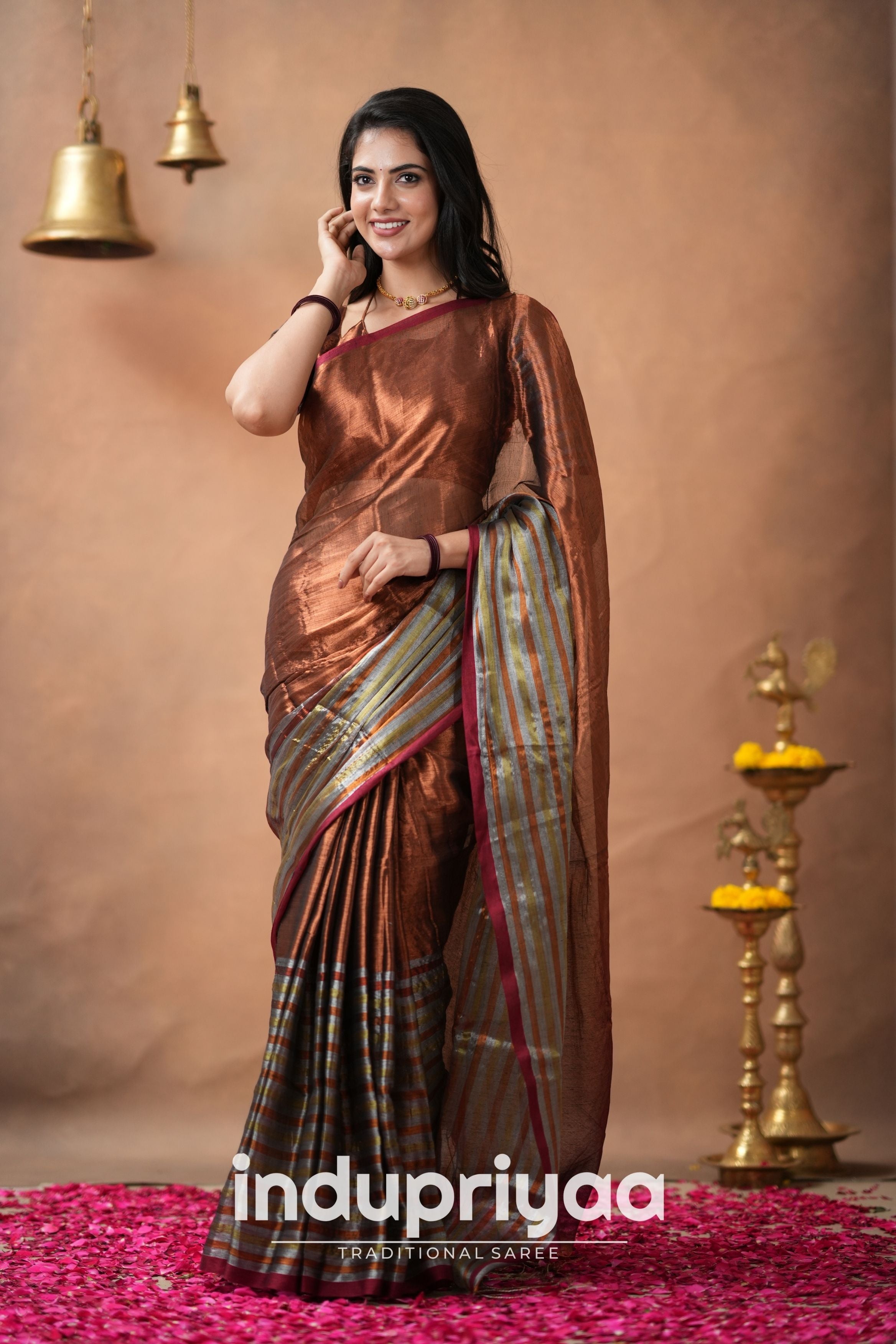 Copper Handloom Tissue Cotton Saree