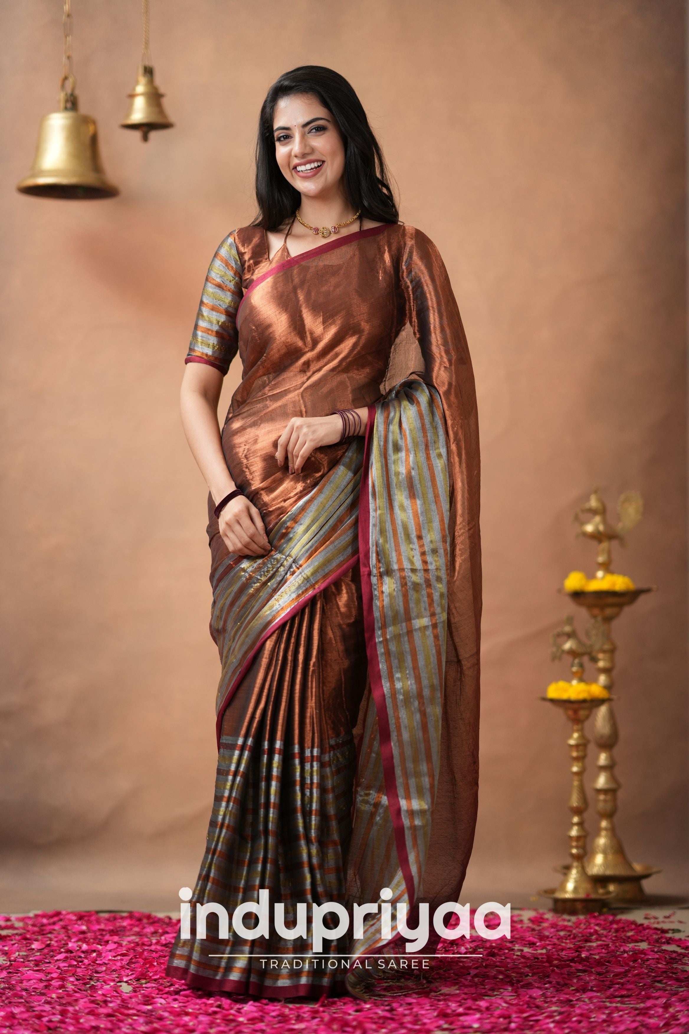 Copper Handloom Tissue Cotton Saree