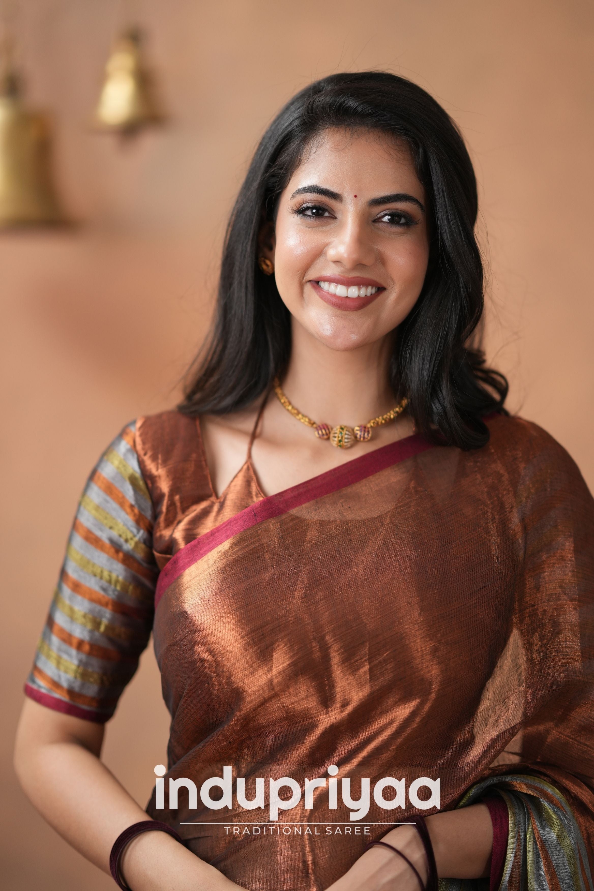 Copper Handloom Tissue Cotton Saree