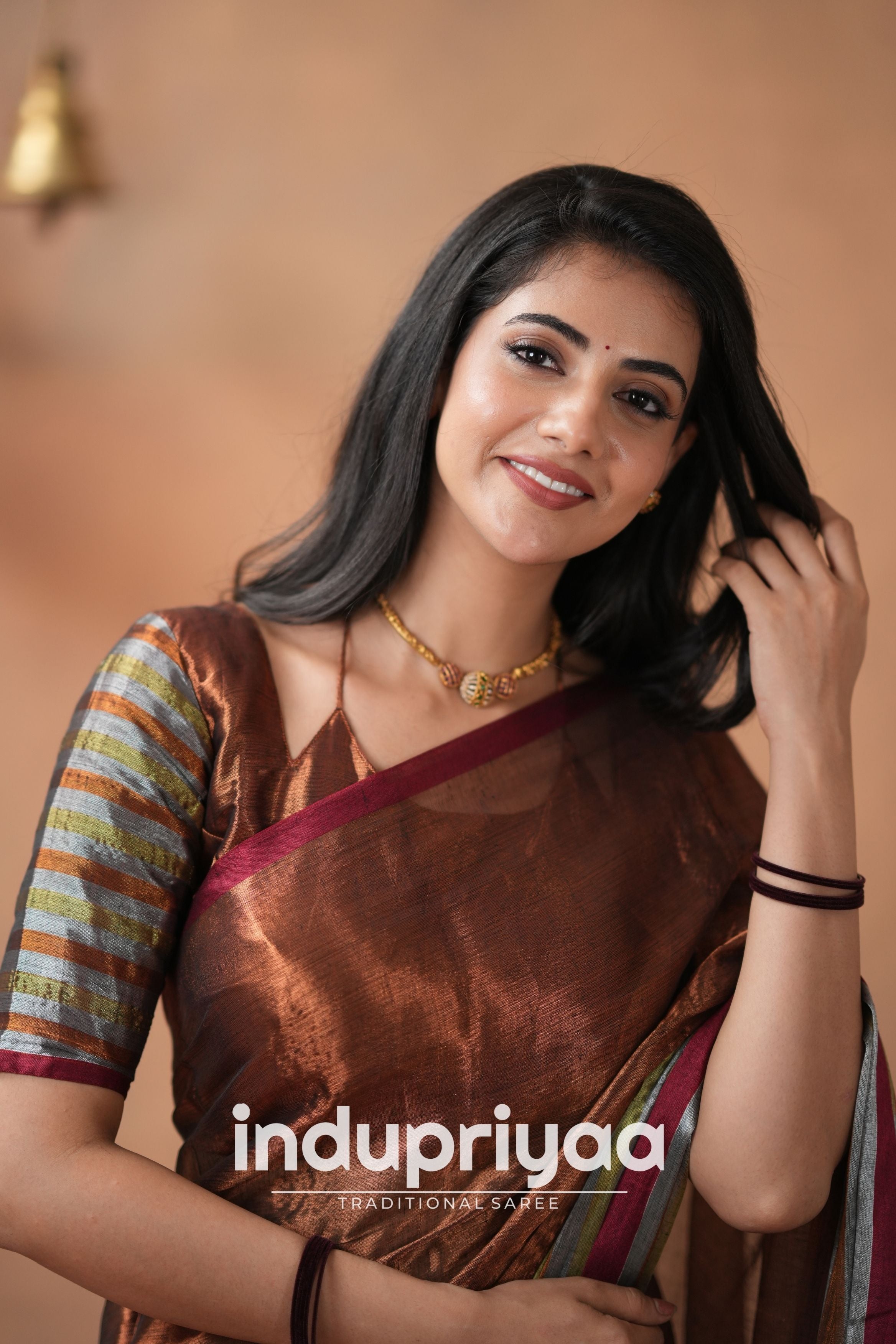 Copper Handloom Tissue Cotton Saree