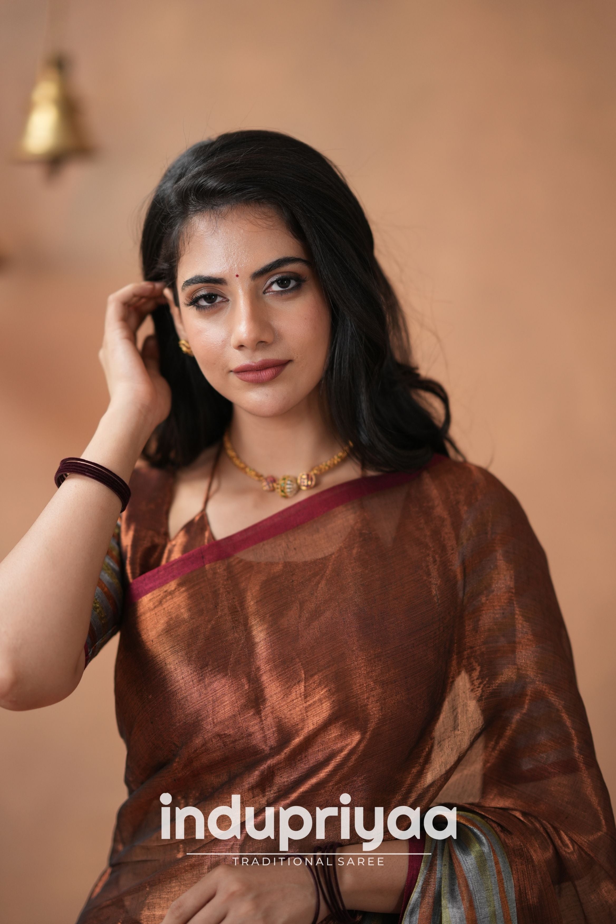 Copper Handloom Tissue Cotton Saree