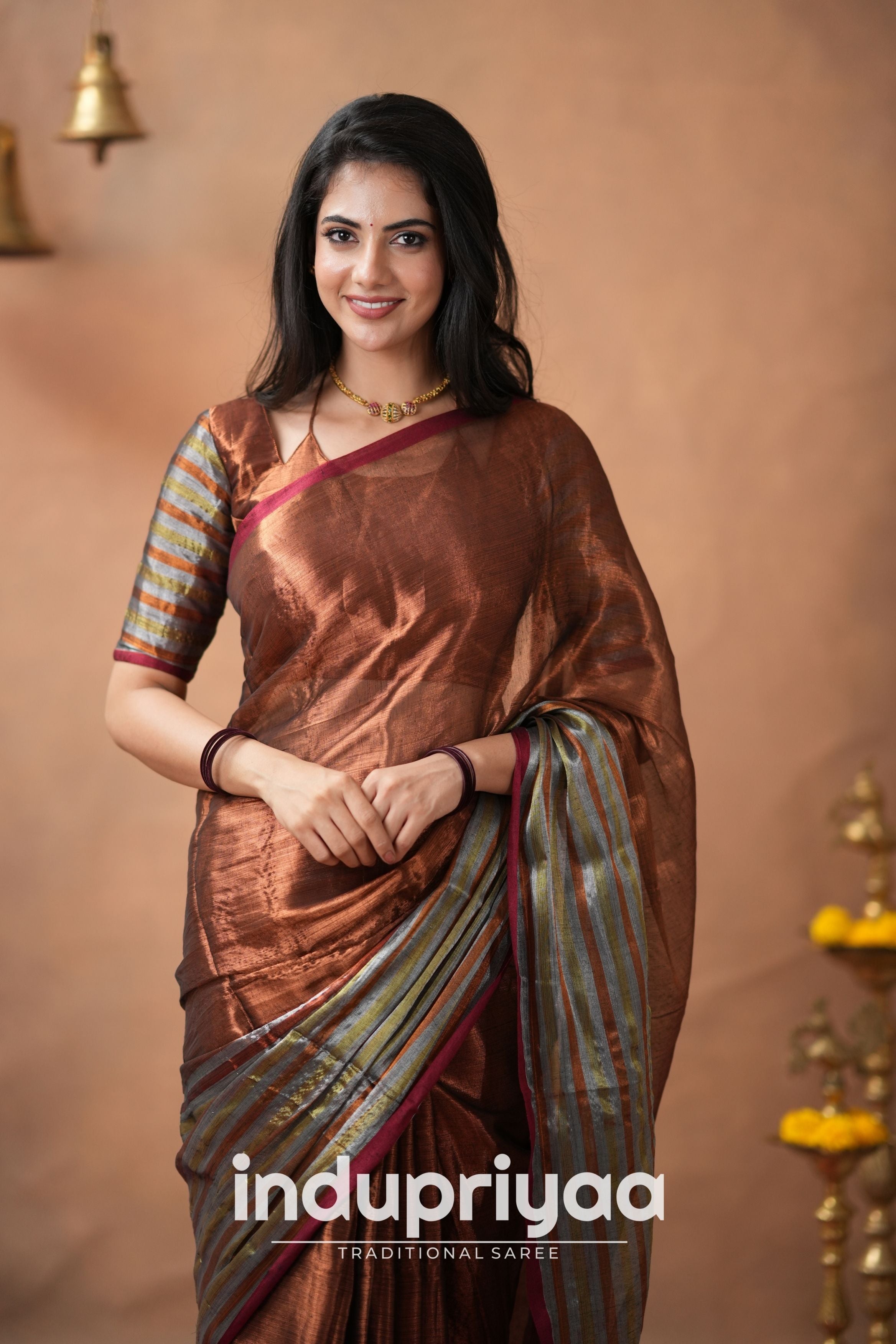Copper Handloom Tissue Cotton Saree
