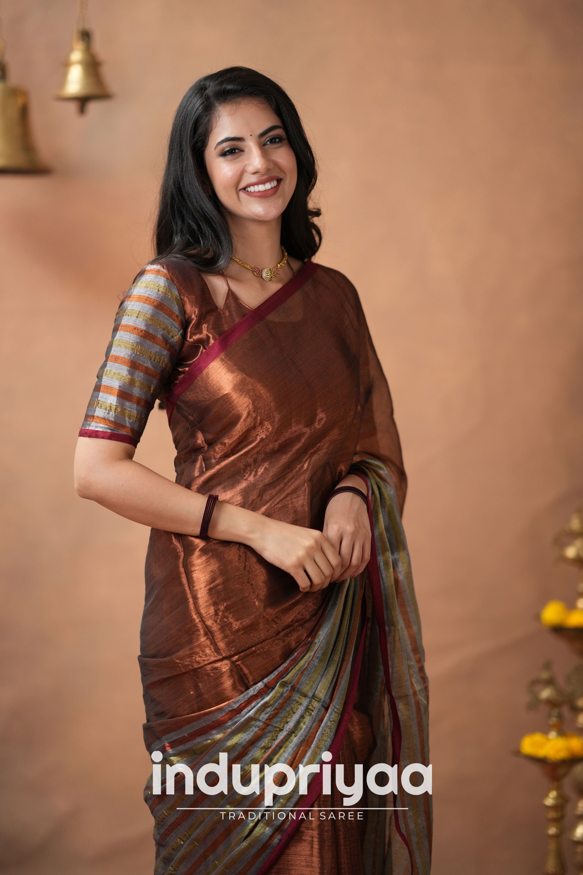 Copper Handloom Tissue Cotton Saree