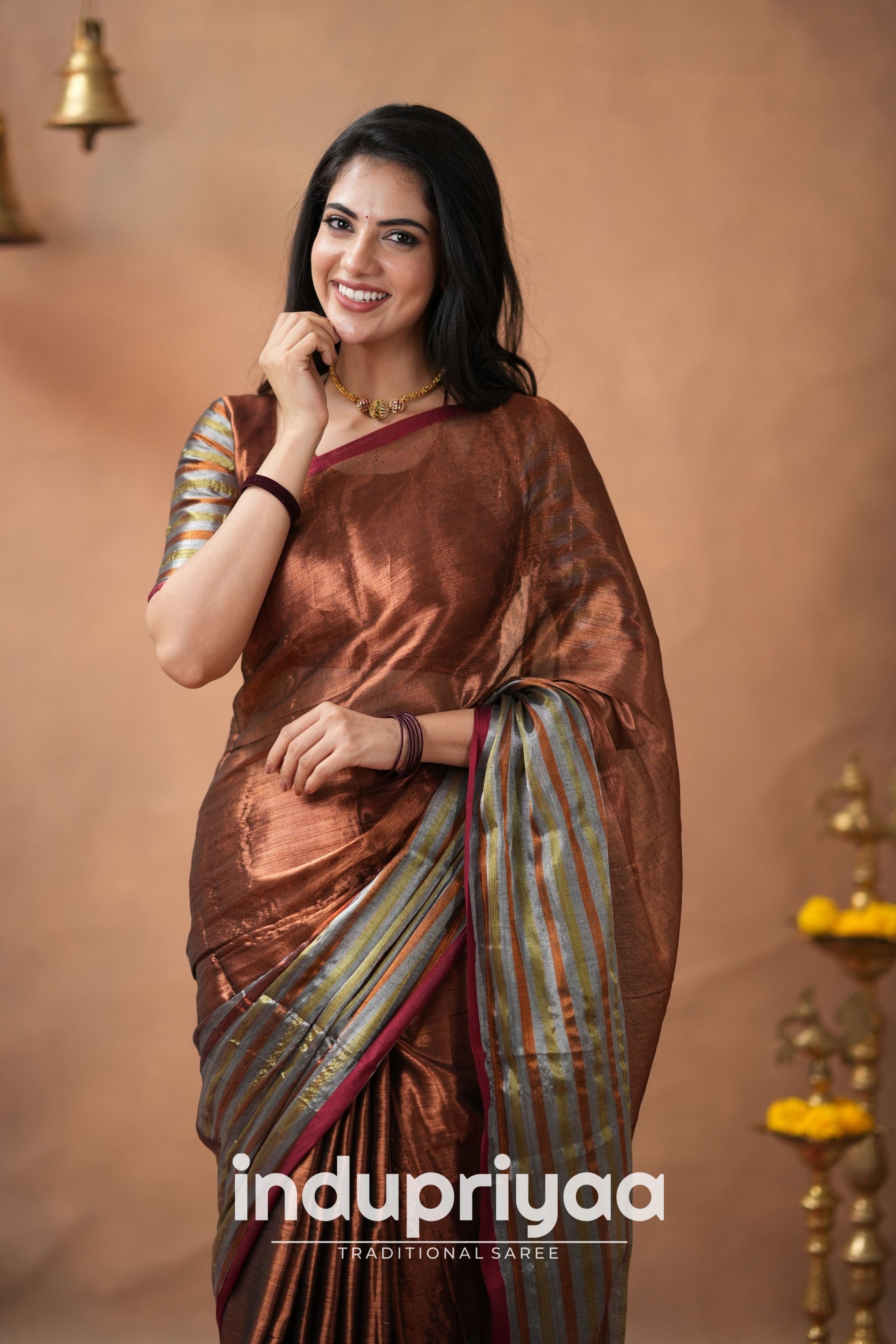Copper Handloom Tissue Cotton Saree