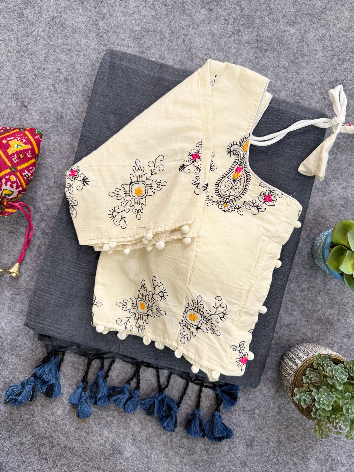 Dark Grey Handloom Cotoon Saree With Embrodry Work Stitched Blouse