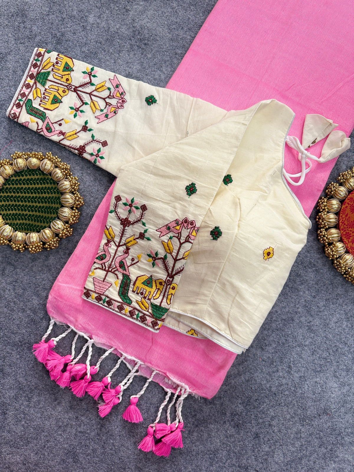 Baby Pink Handloom Cotoon Saree With Embrodry Work Stitched Blouse