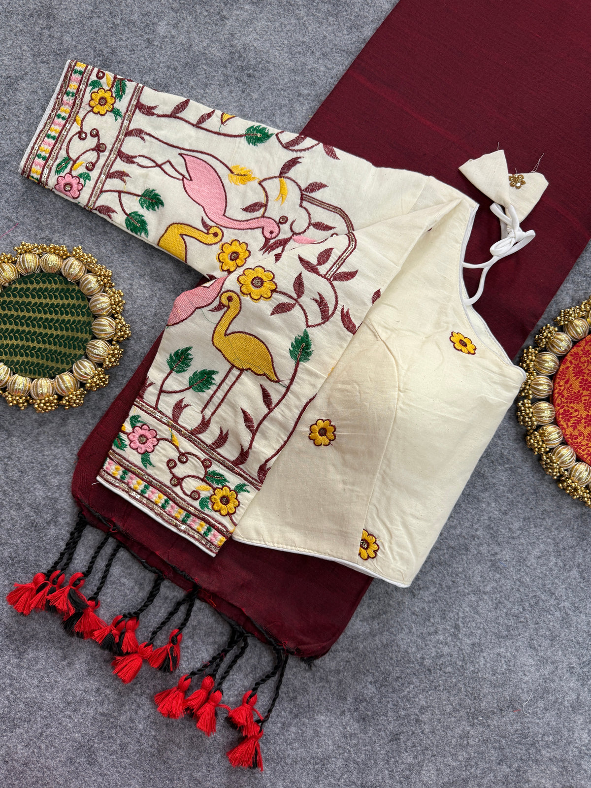 Marun Handloom Cotoon Saree With Embrodry Work Stitched Blouse