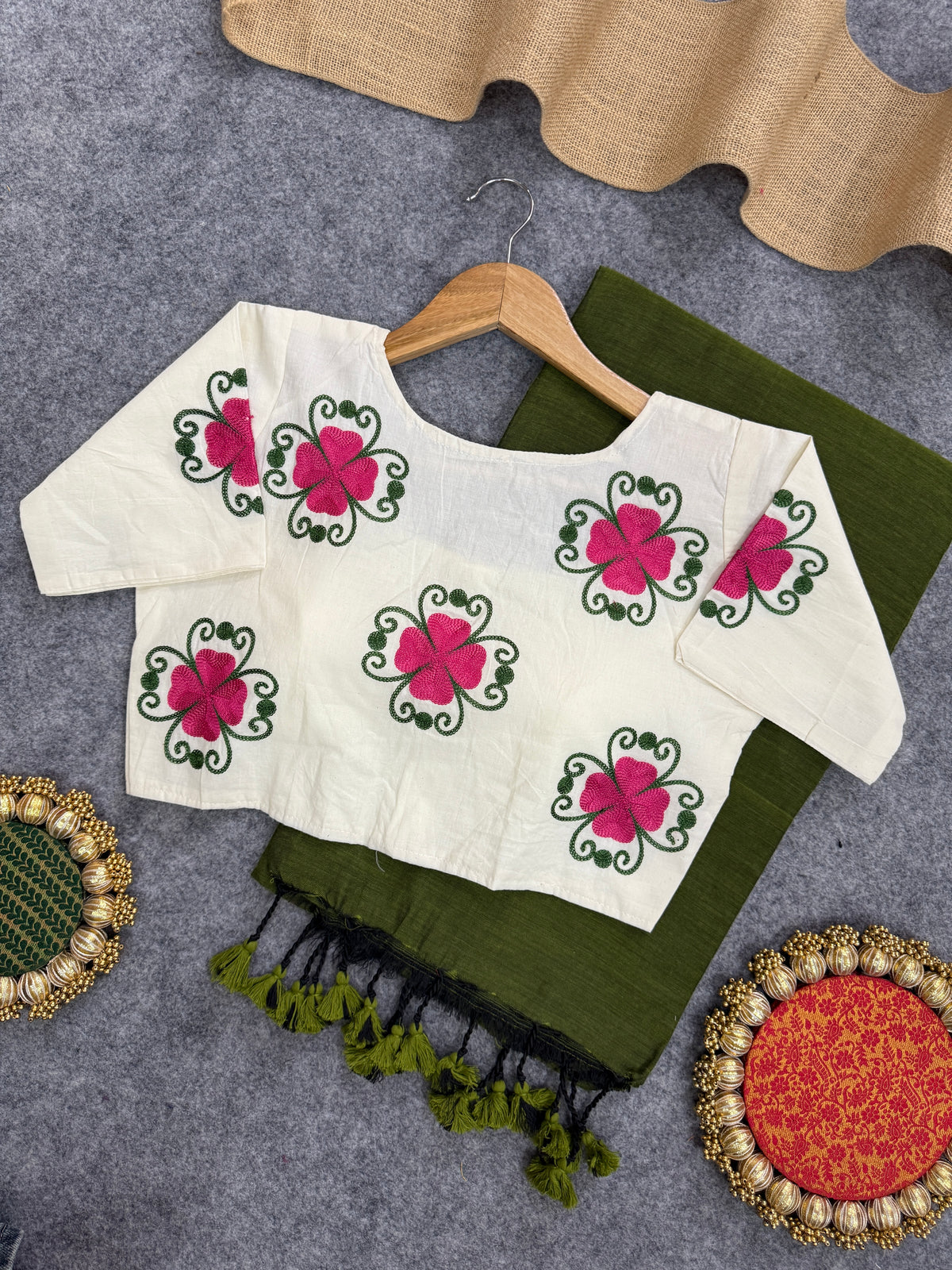 Pure Khadi Cotton Handloom Saree with Designer Blouse – Classic Mehndi