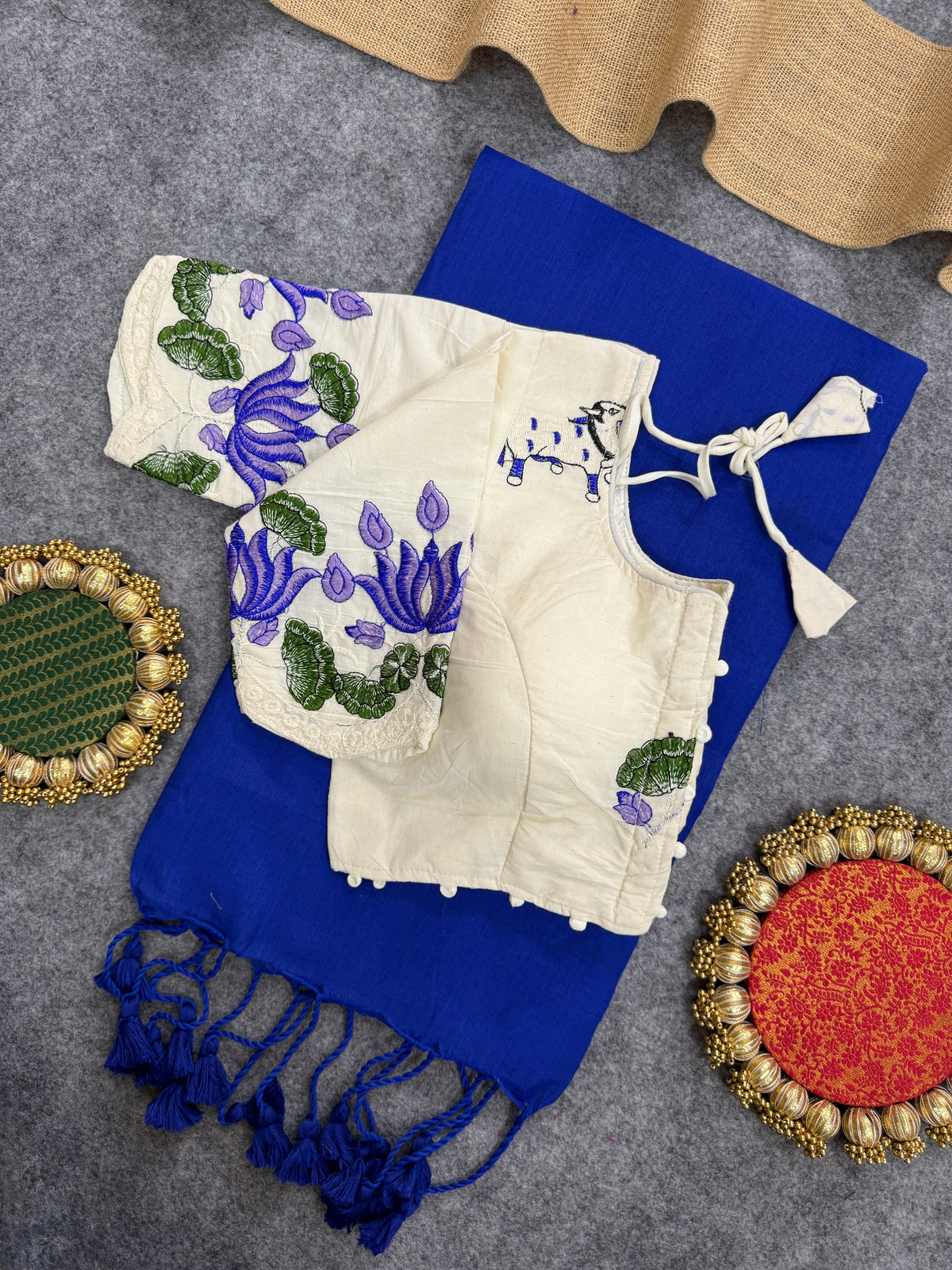 Designer Handloom Khadi Cotton Saree with Stitched Blouse – Festive Royal Blue