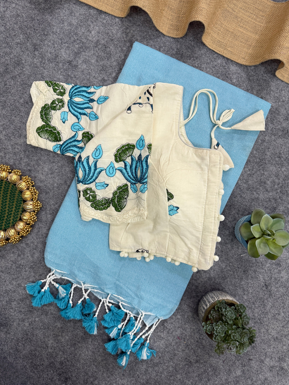 Soft & Comfortable Khadi Cotton Saree with Ready Blouse – Elegant Sky