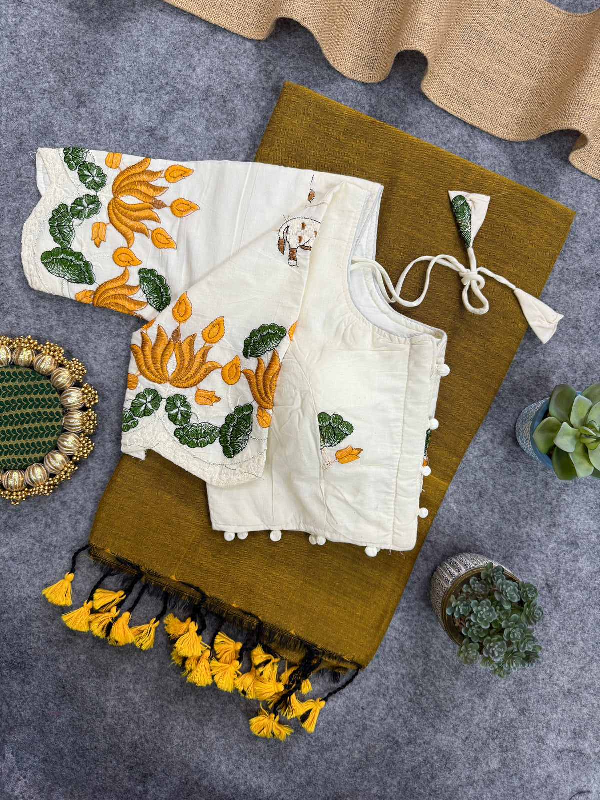 Khadi Cotton Handloom Saree with Designer Blouse – Premium Golden