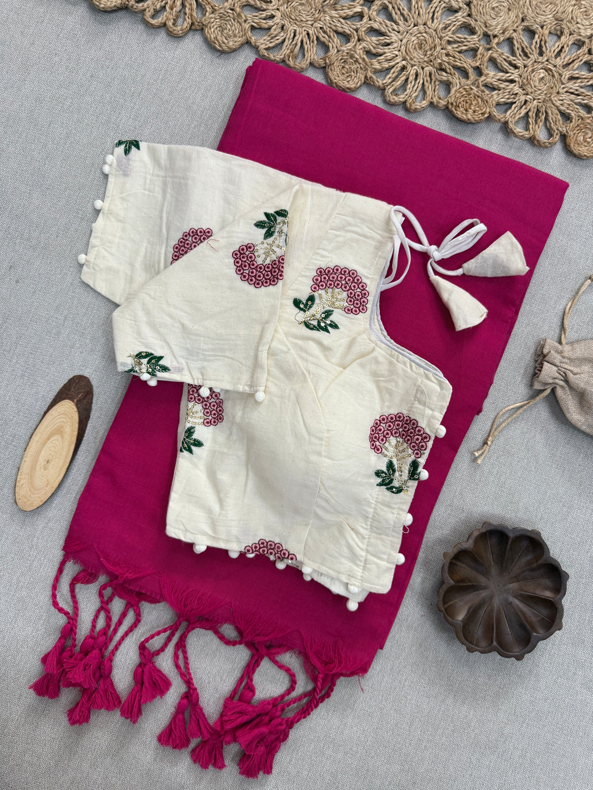 Handloom Khadi Saree with Designer Blouse – Traditional Pink