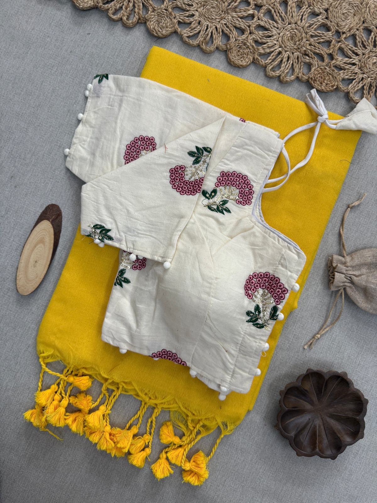 Pure Handloom Khadi Cotton Saree with Contrast Blouse – Stylish Yellow