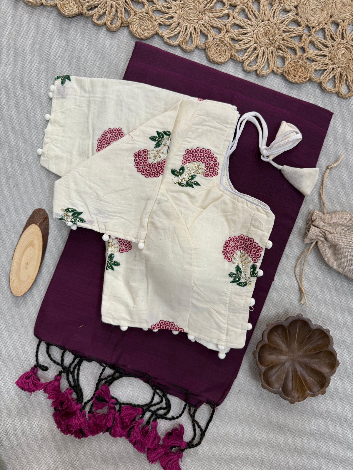 Authentic Handloom Khadi Cotton Saree with Readymade Blouse – Royal Wine
