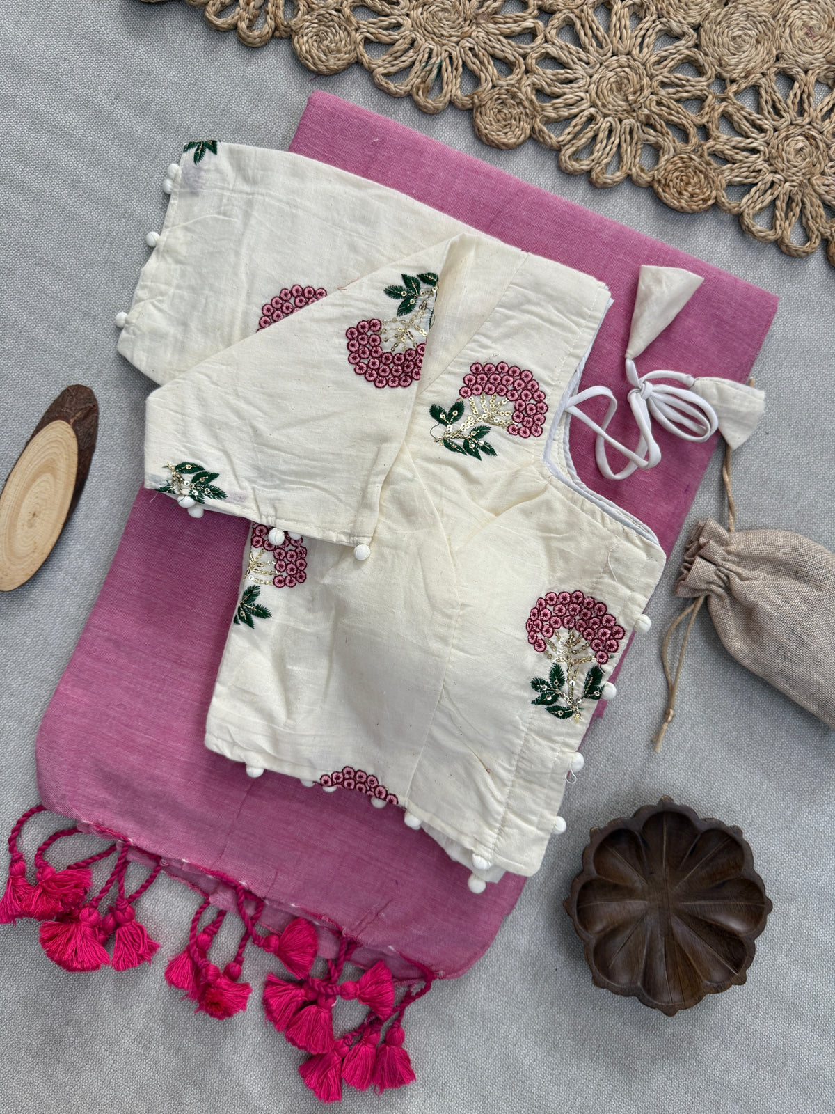 Festive Wear Khadi Cotton Saree with Designer Blouse – Vibrant Light Pink