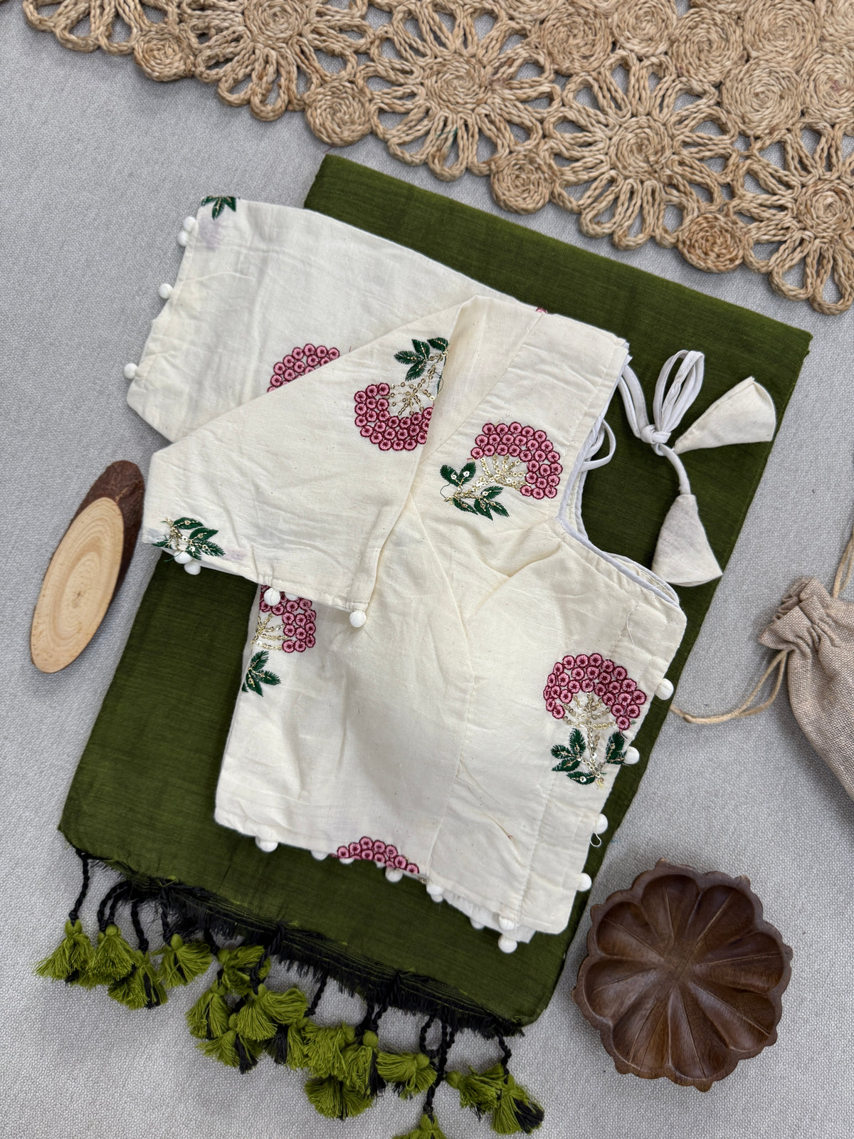 Handloom Khadi Cotton Saree with Embroidered Blouse – Premium Mehndi