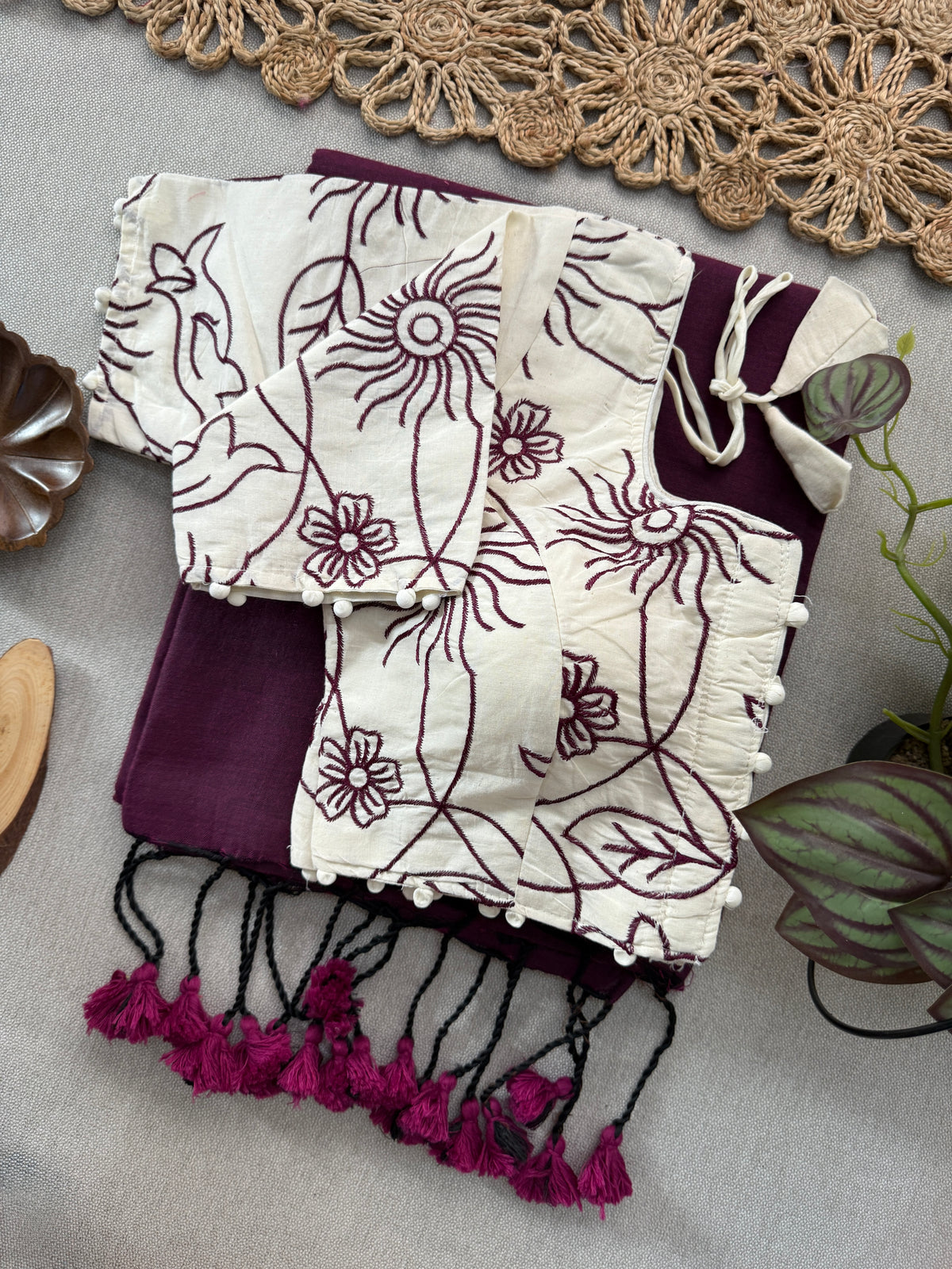Everyday Wear Khadi Cotton Handloom Saree with Ready Blouse – Elegant Wine