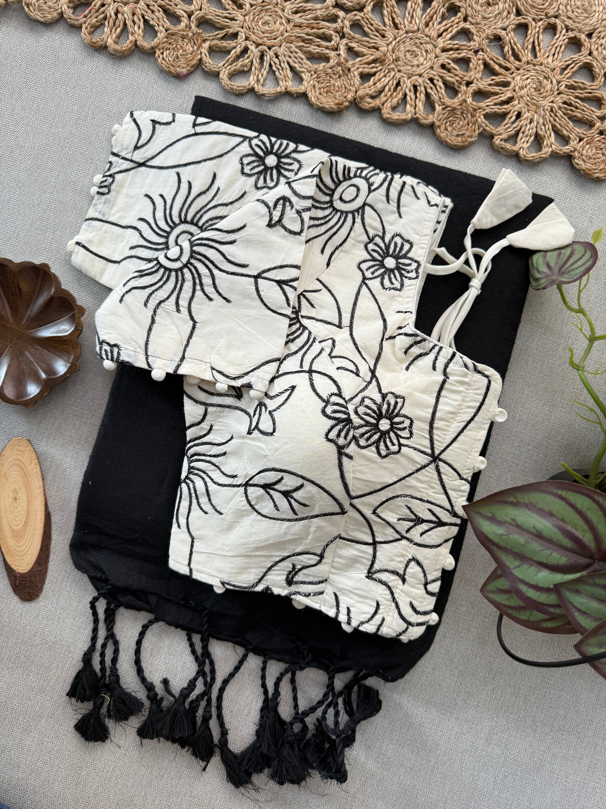 Pure Khadi Cotton Saree with Contrast Ready Made Blouse – Stylish Black