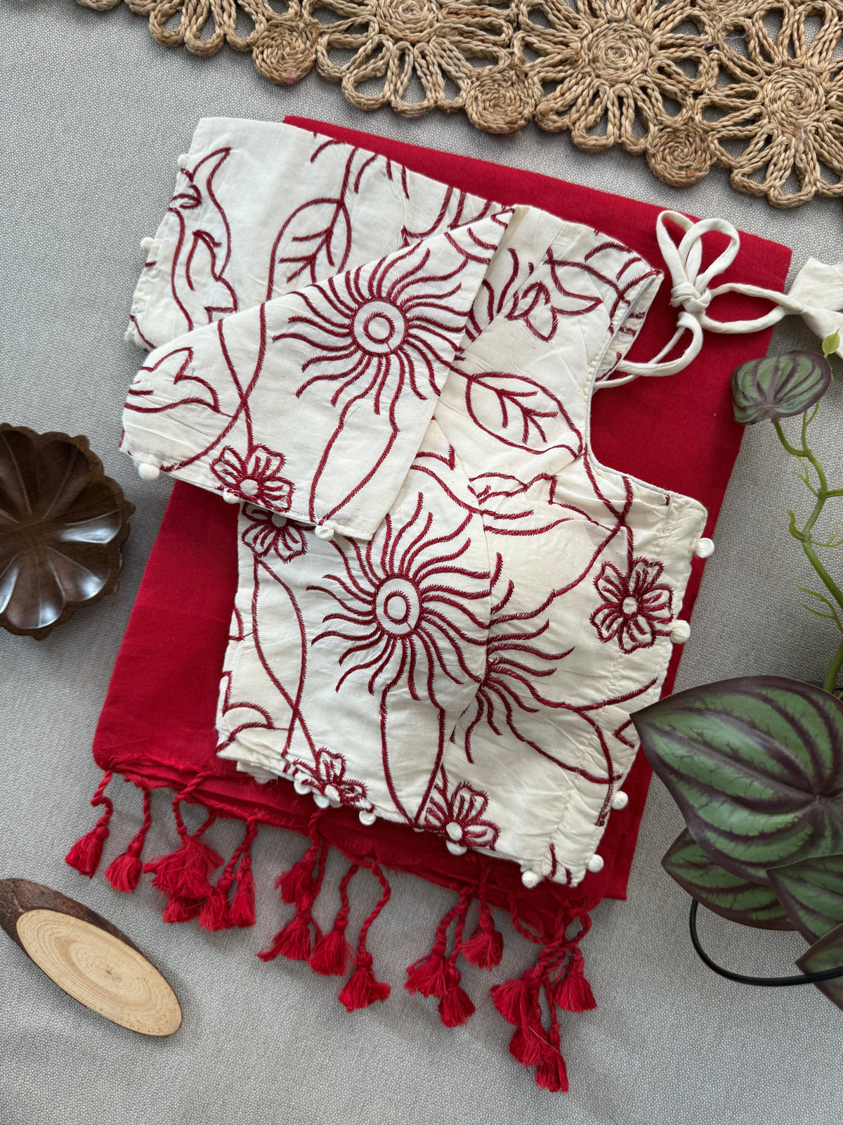 Handcrafted Khadi Cotton Saree with Designer Blouse – Royal Red