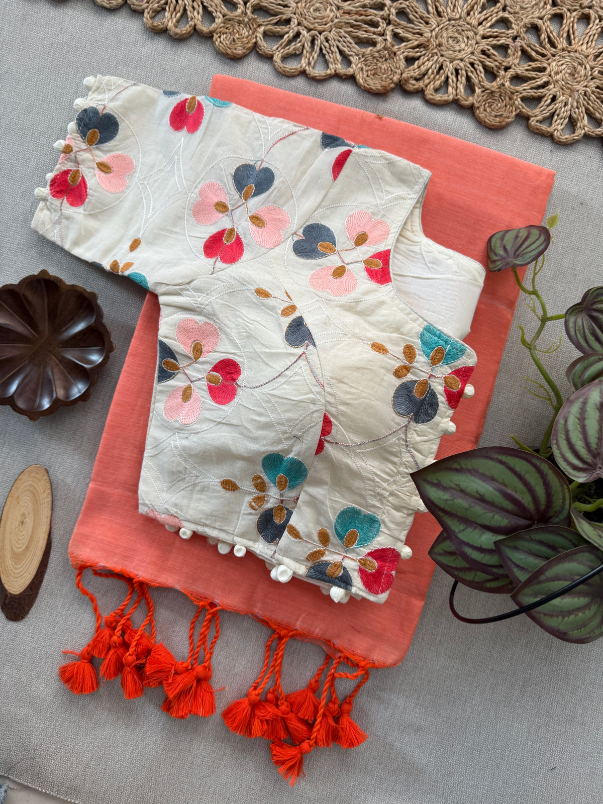 Authentic Pure Cotton Khadi Saree with Stitched Blouse – Premium Peach