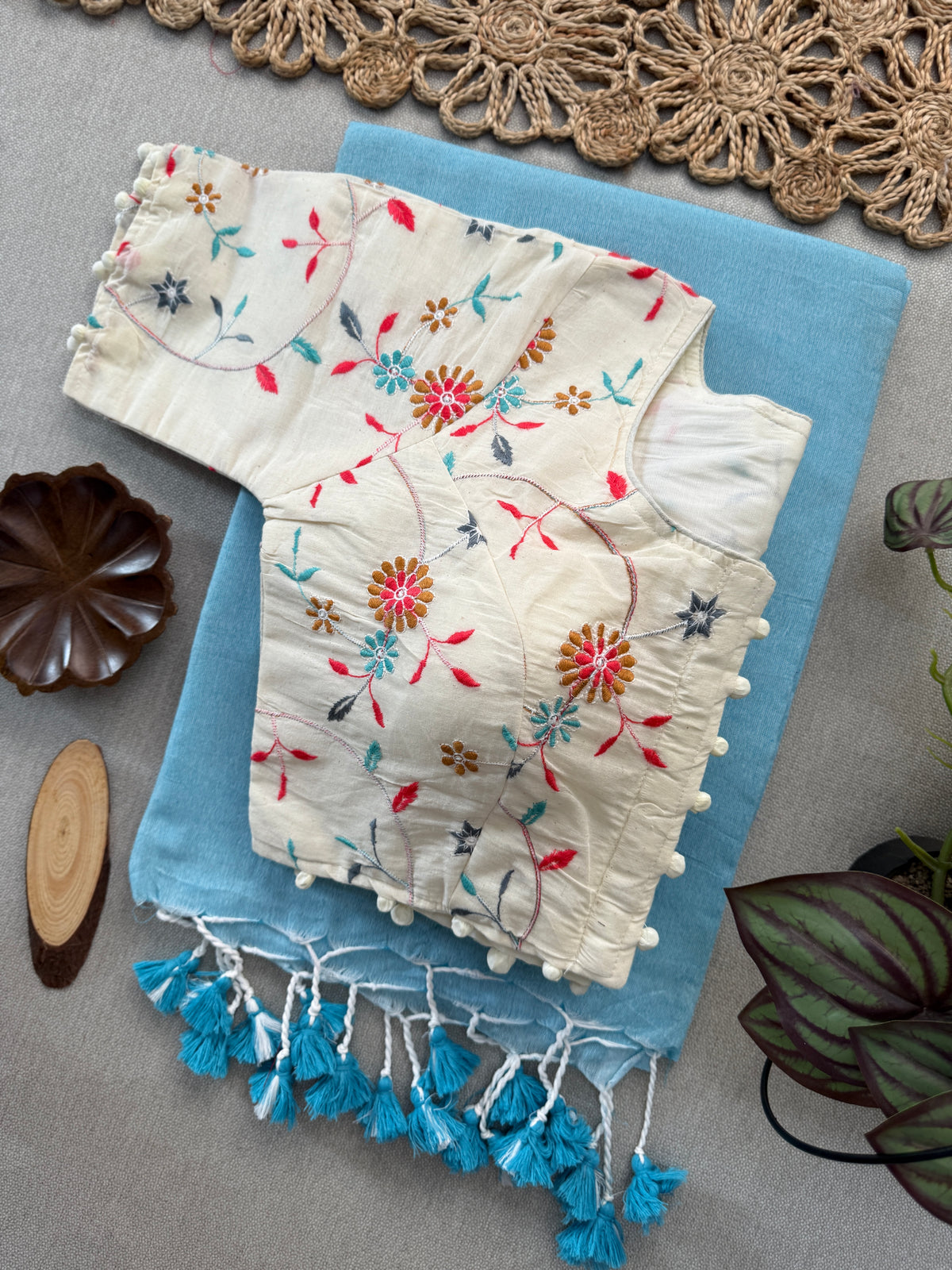 Soft Sky Pure Khadi Handloom Saree with Stylish Blouse Ready Made