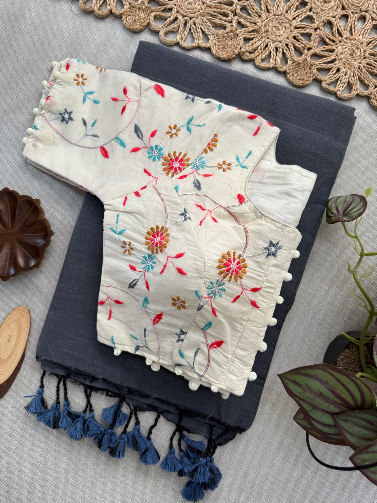 Authentic Dark Grey Khadi Cotton Saree – Handloom with Matching Blouse