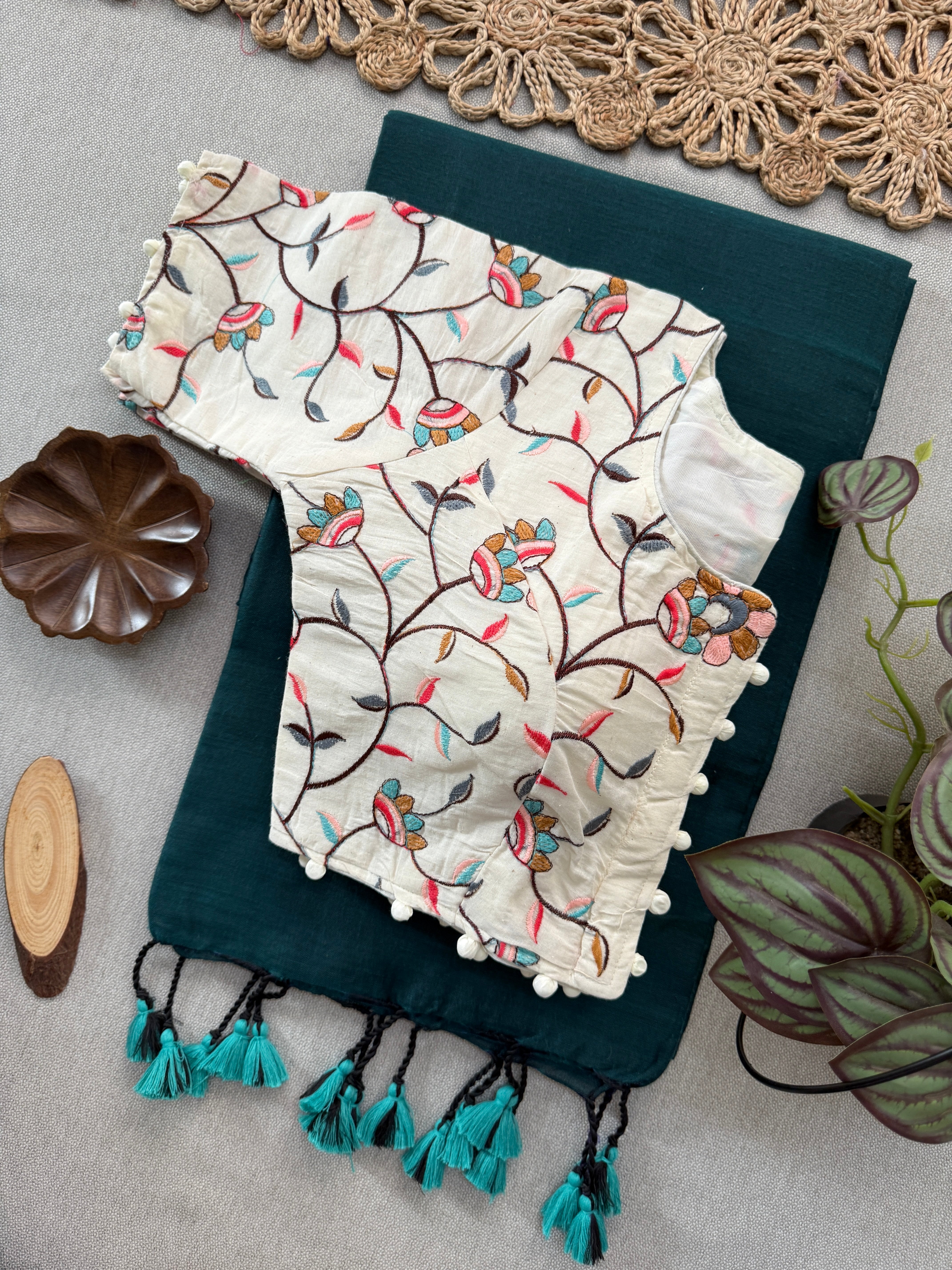 Classic Weave Rama Pure Khadi Cotton Saree + Stitched Blouse