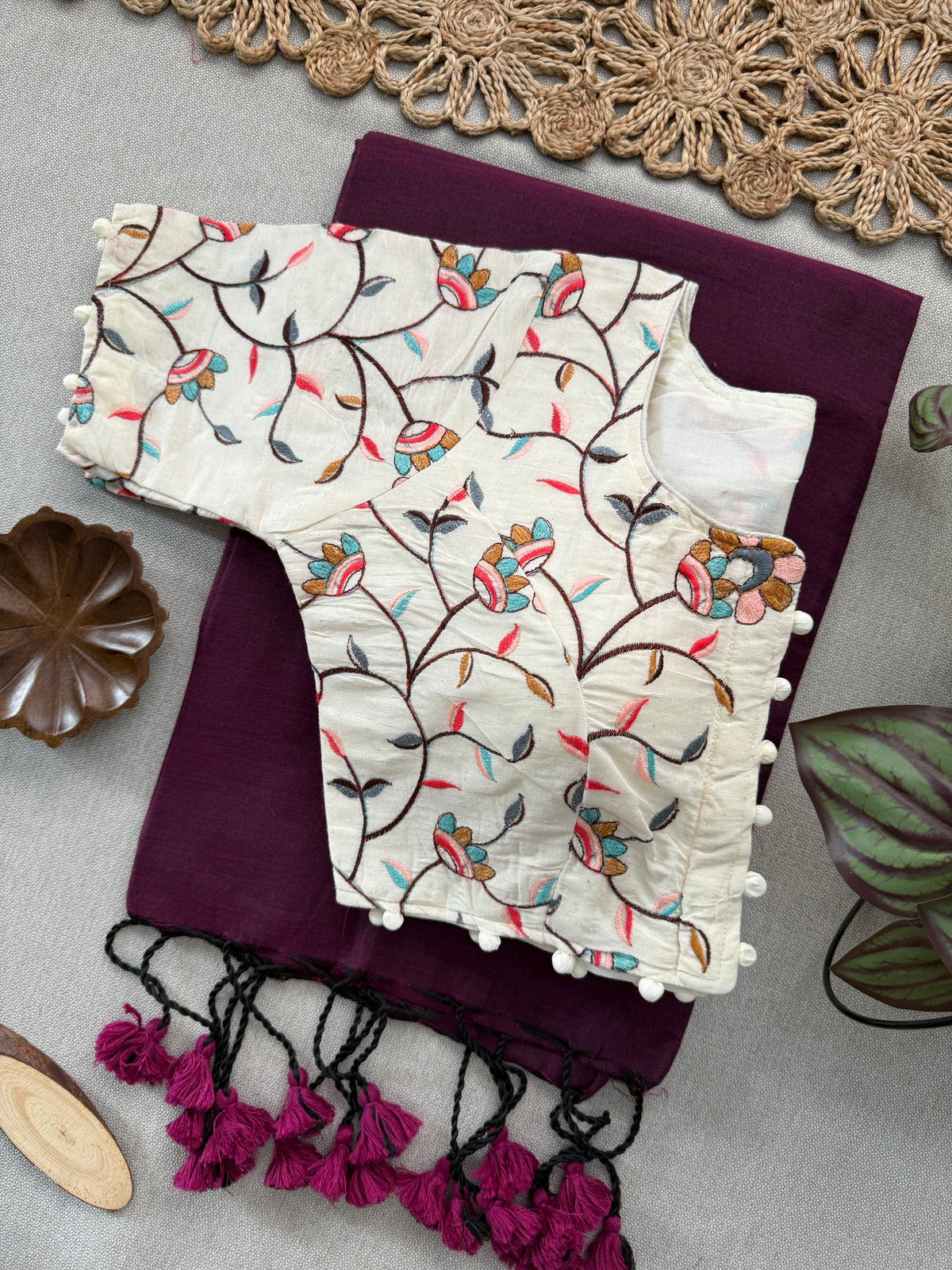 Luxurious Wine Khadi Handloom Cotton Saree with Tailored Blouse