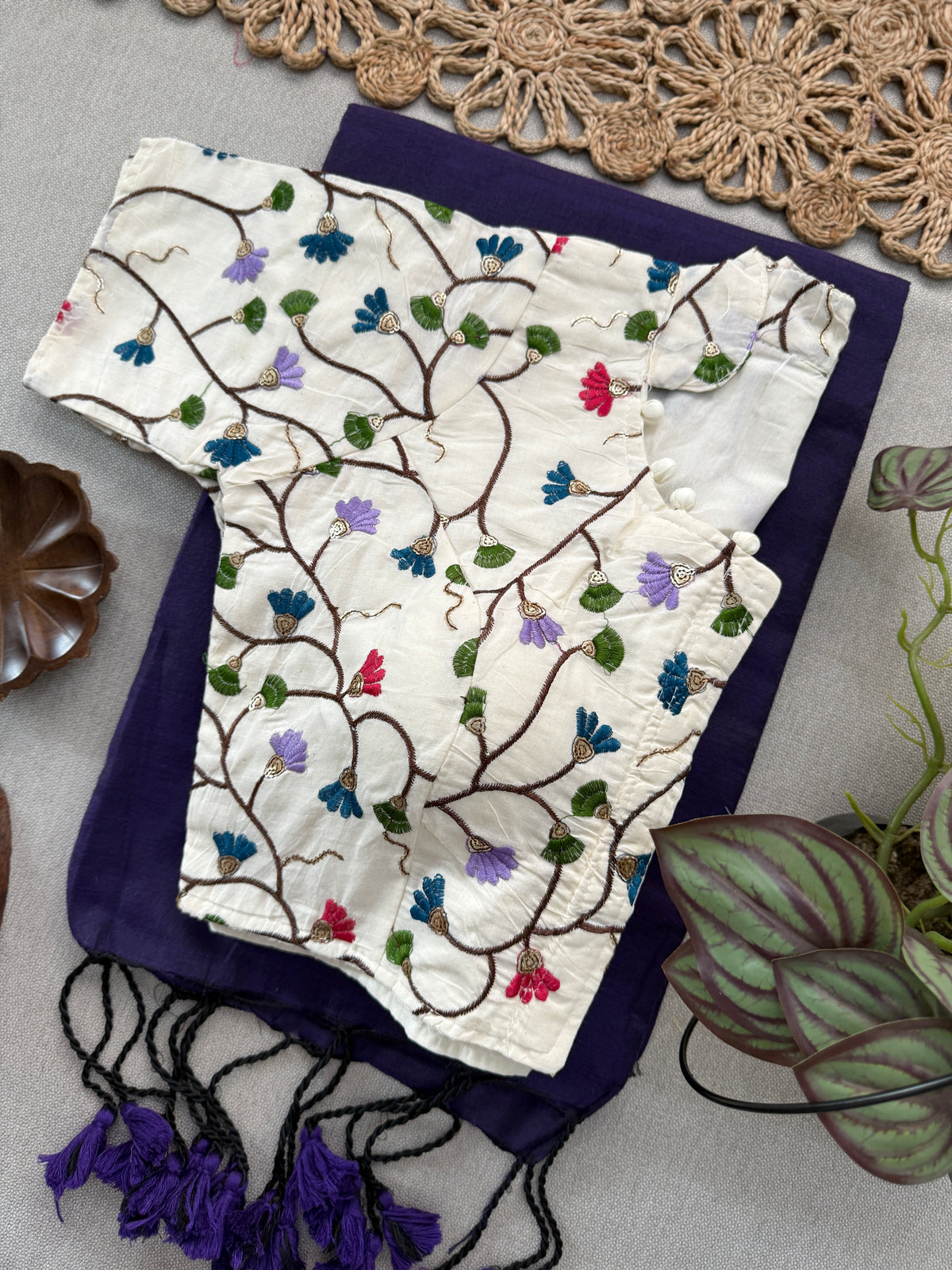 Traditional Charm Purple Khadi Cotton Saree + Tailored Blouse