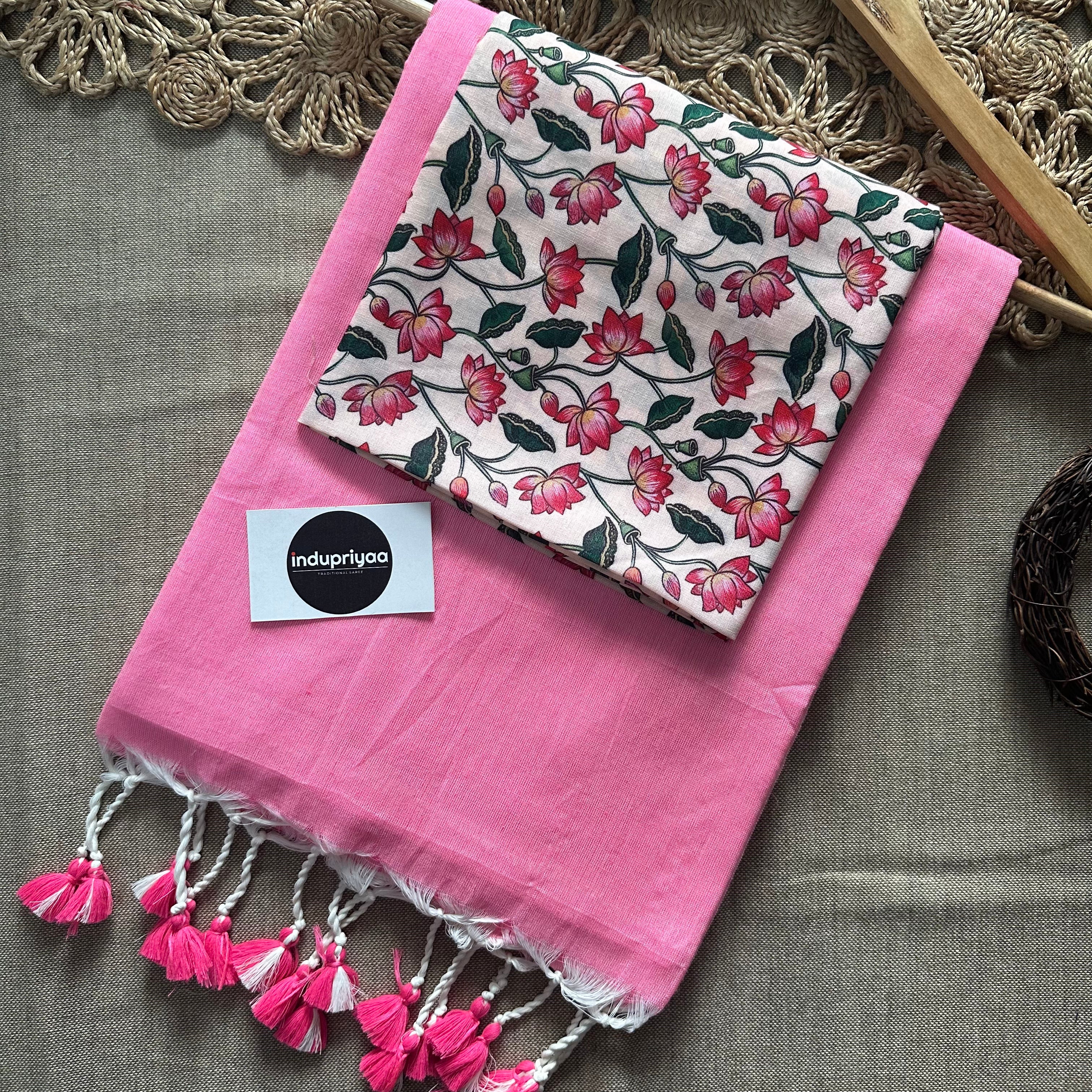 Baby Pink Handloom Cotton Saree With Leaf Print Blouse