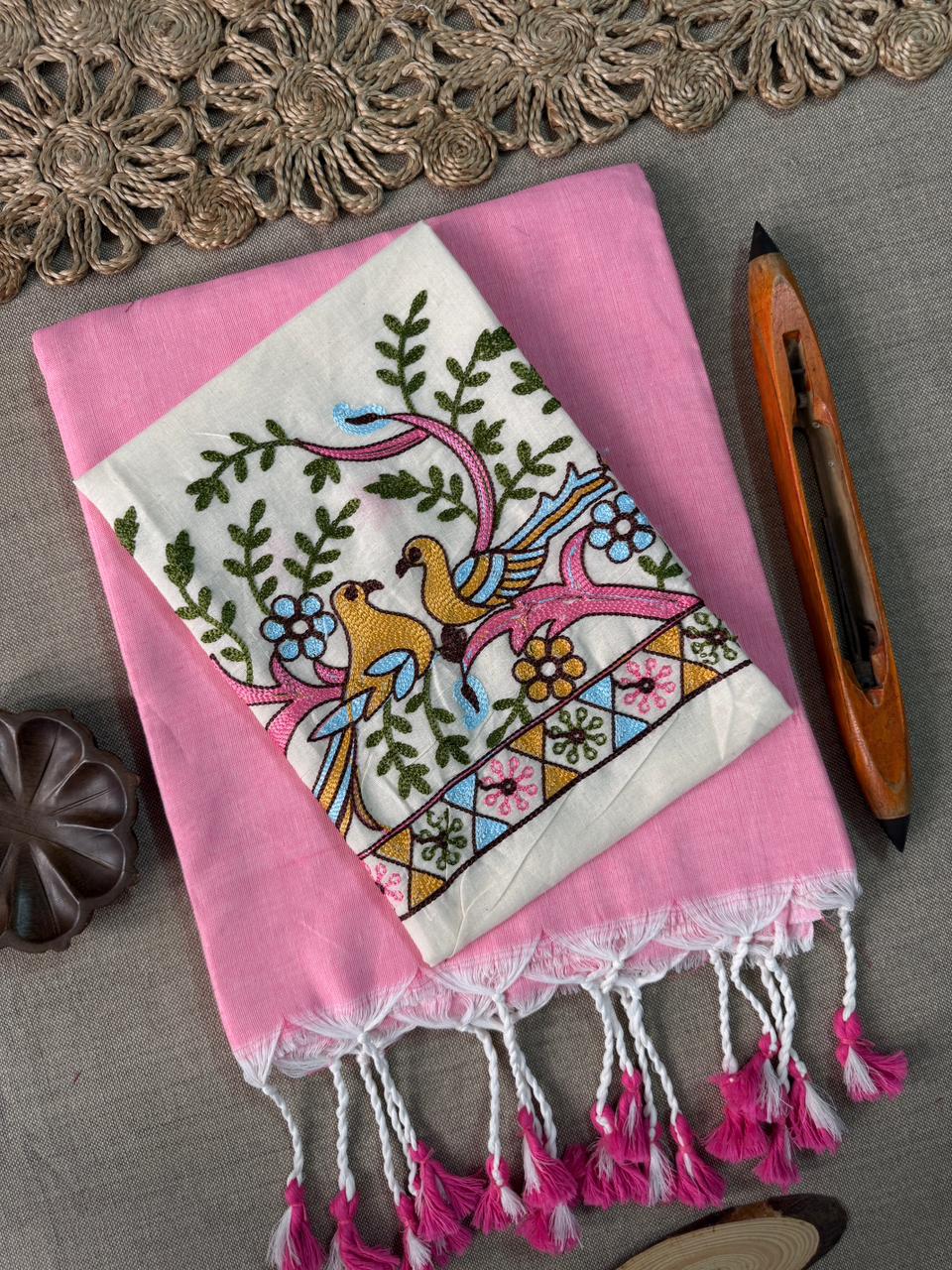 Elegant Baby Pink Handloom Cotton Saree with Embroidered Designer Blouse