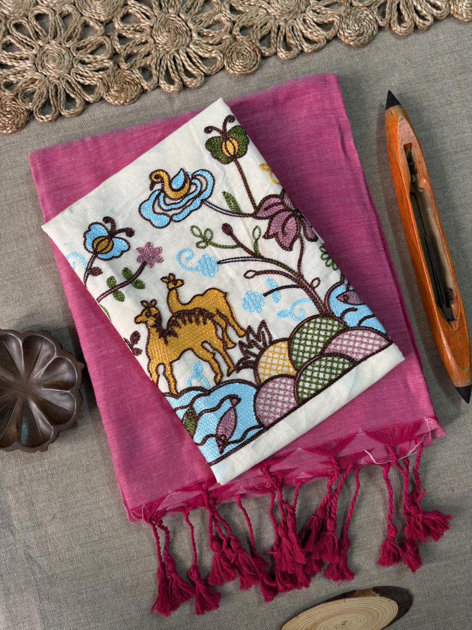 Graceful Light Pink Handloom Cotton Saree with Intricate Embroidery Blouse