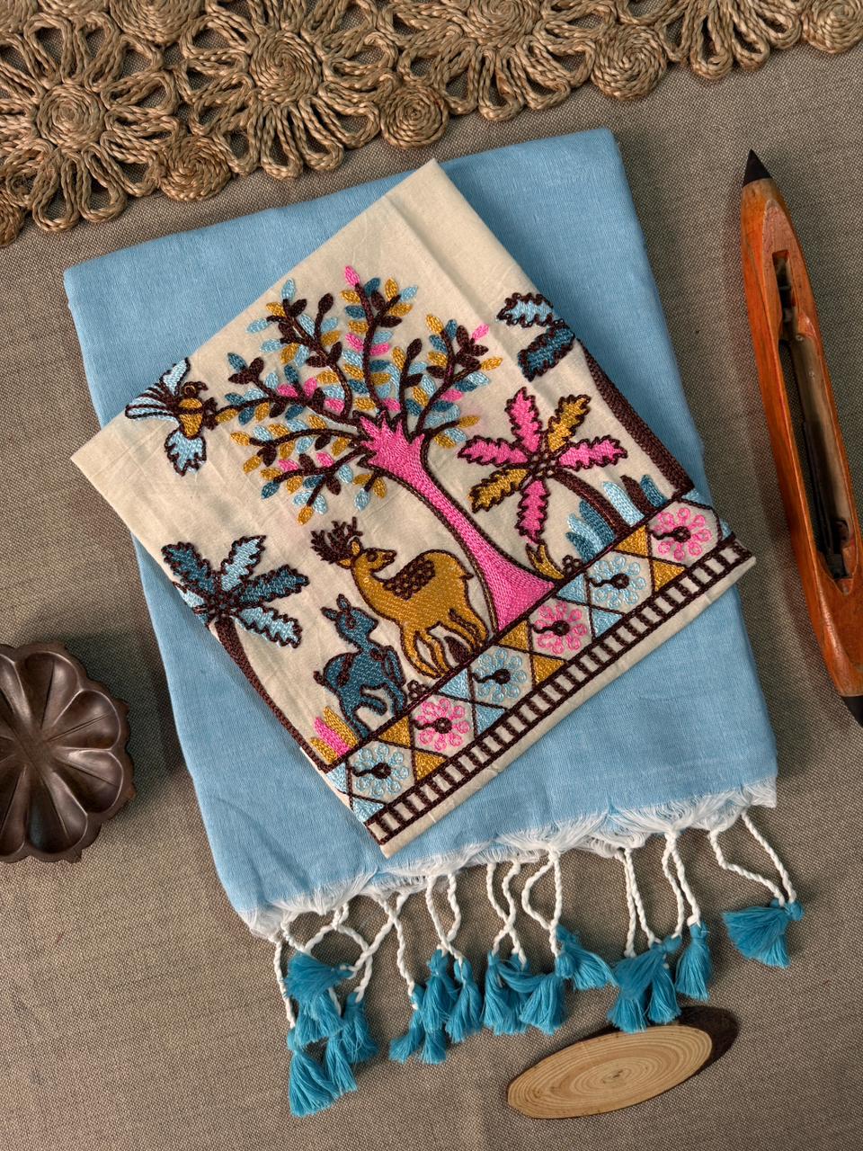 Premium Sky Handloom Cotton Saree with Stylish Embroidery Blouse
