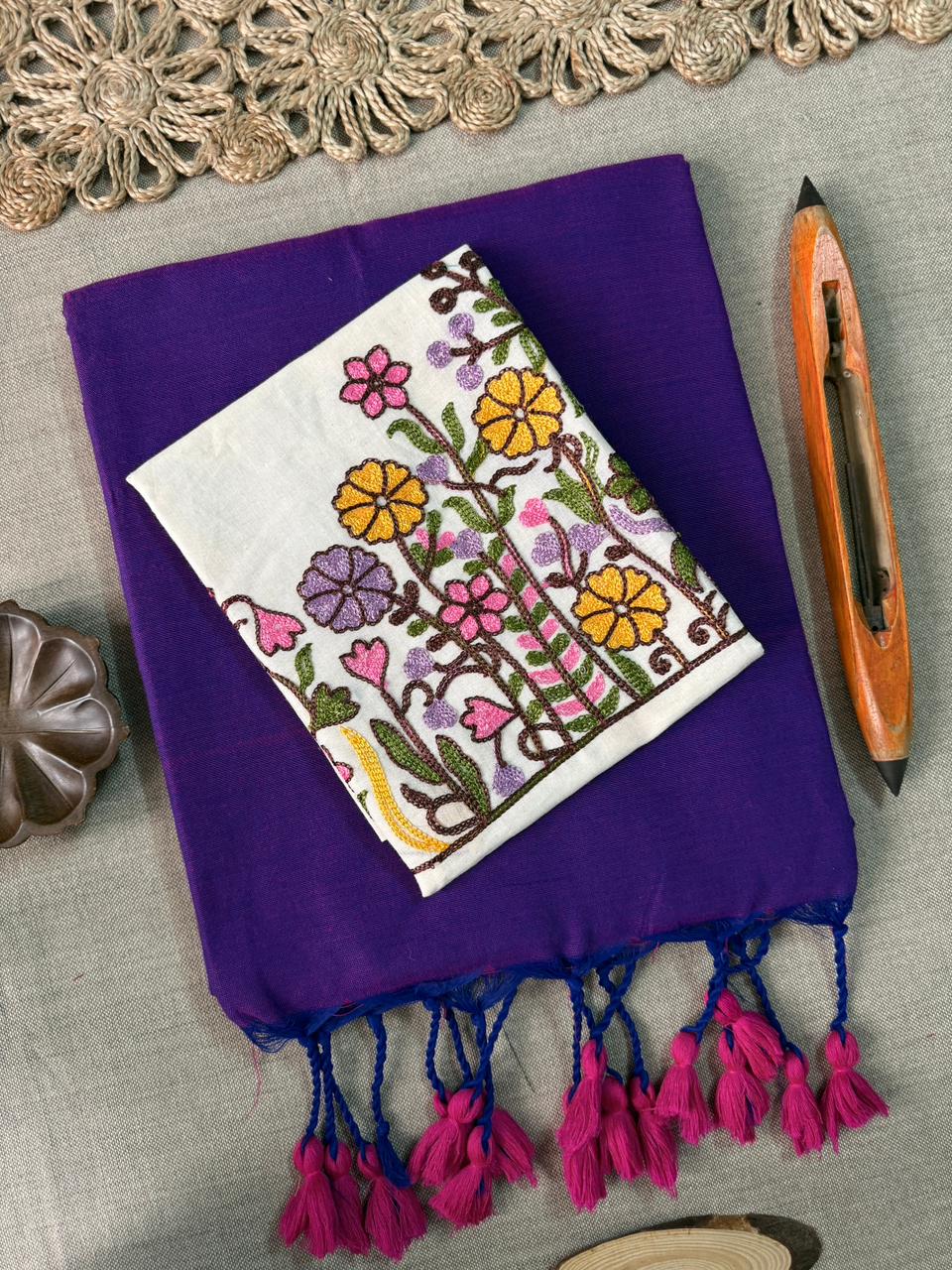 Timeless Purple Dual Tone Handloom Cotton Saree with Artistic Embroidery Blouse
