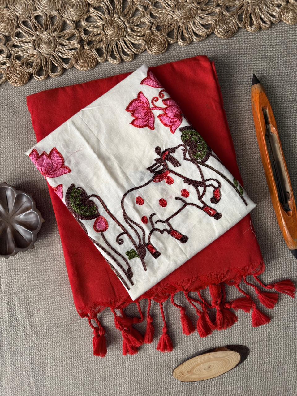 Soft Red Handloom Cotton Saree with Elegant Embroidery Blouse