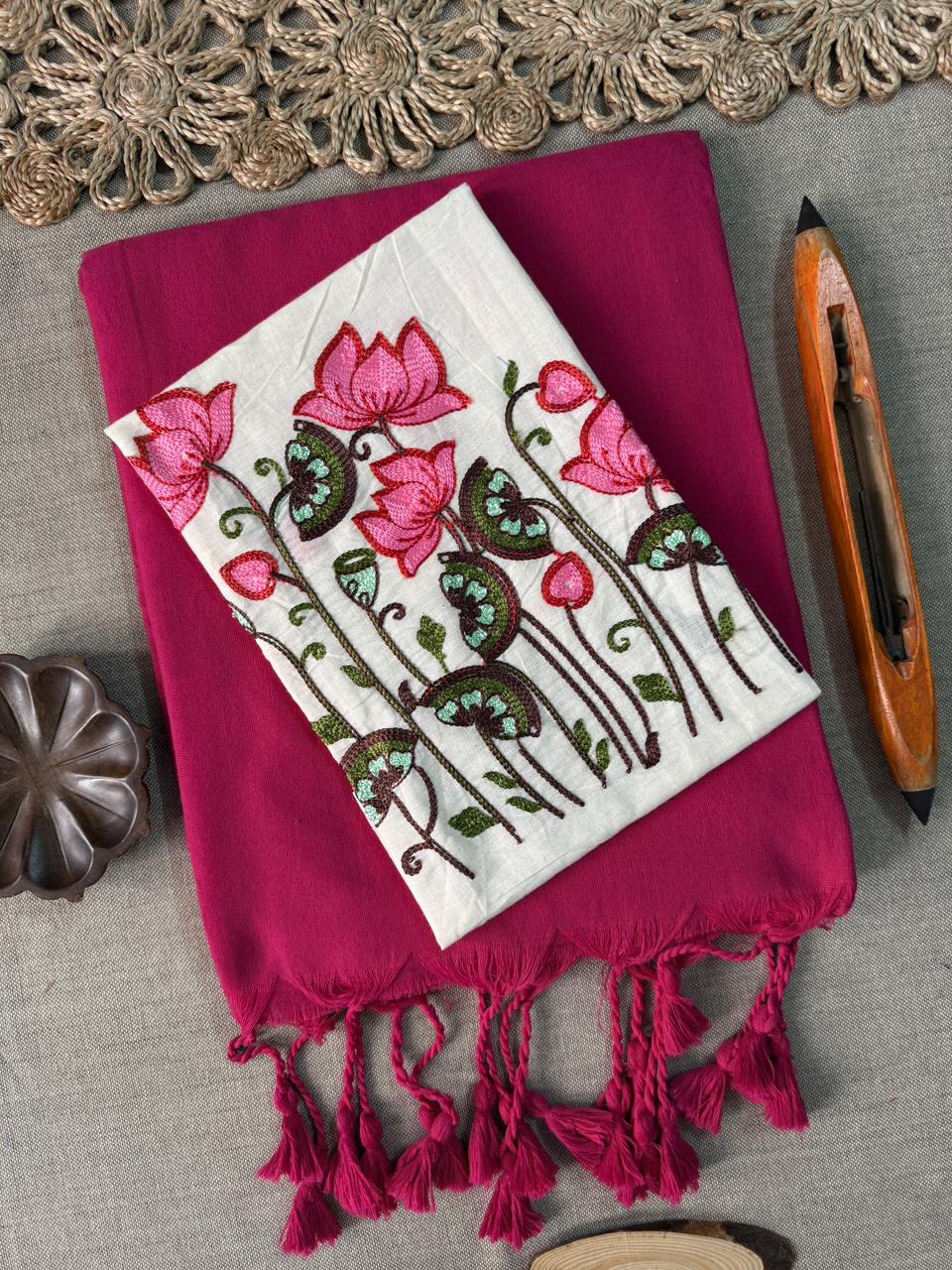 Festive Pink Handloom Cotton Saree with Beautiful Embroidery Blouse