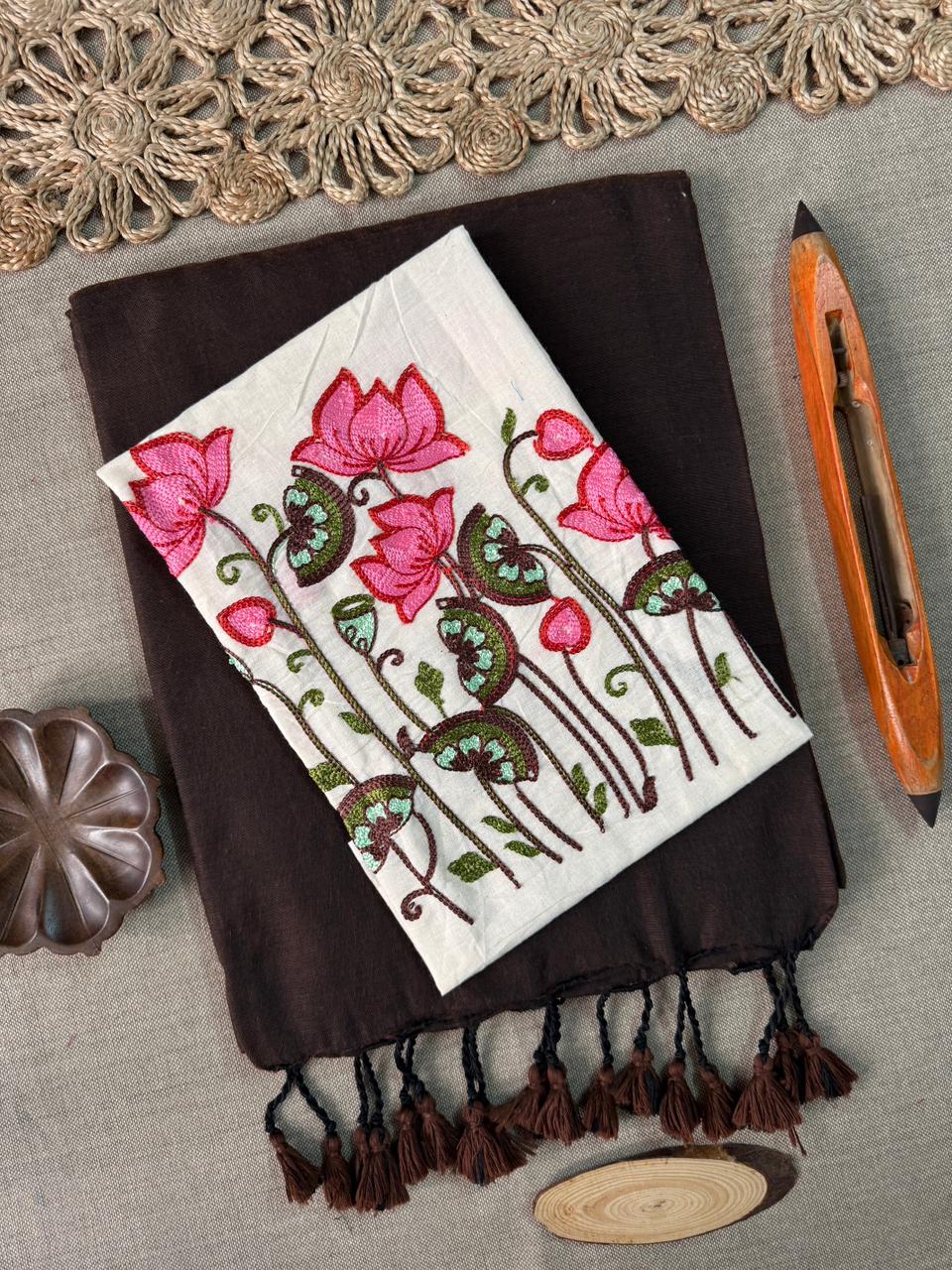 Beautiful Brown Handloom Cotton Saree with Elegant Embroidered Blouse
