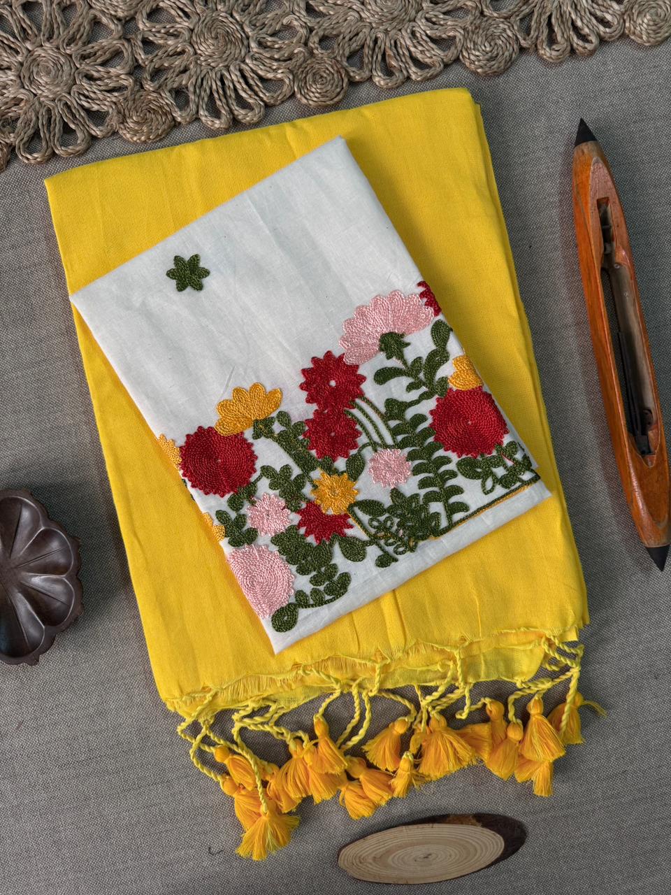 Stunning Yellow Handloom Cotton Saree with Detailed Embroidery Blouse