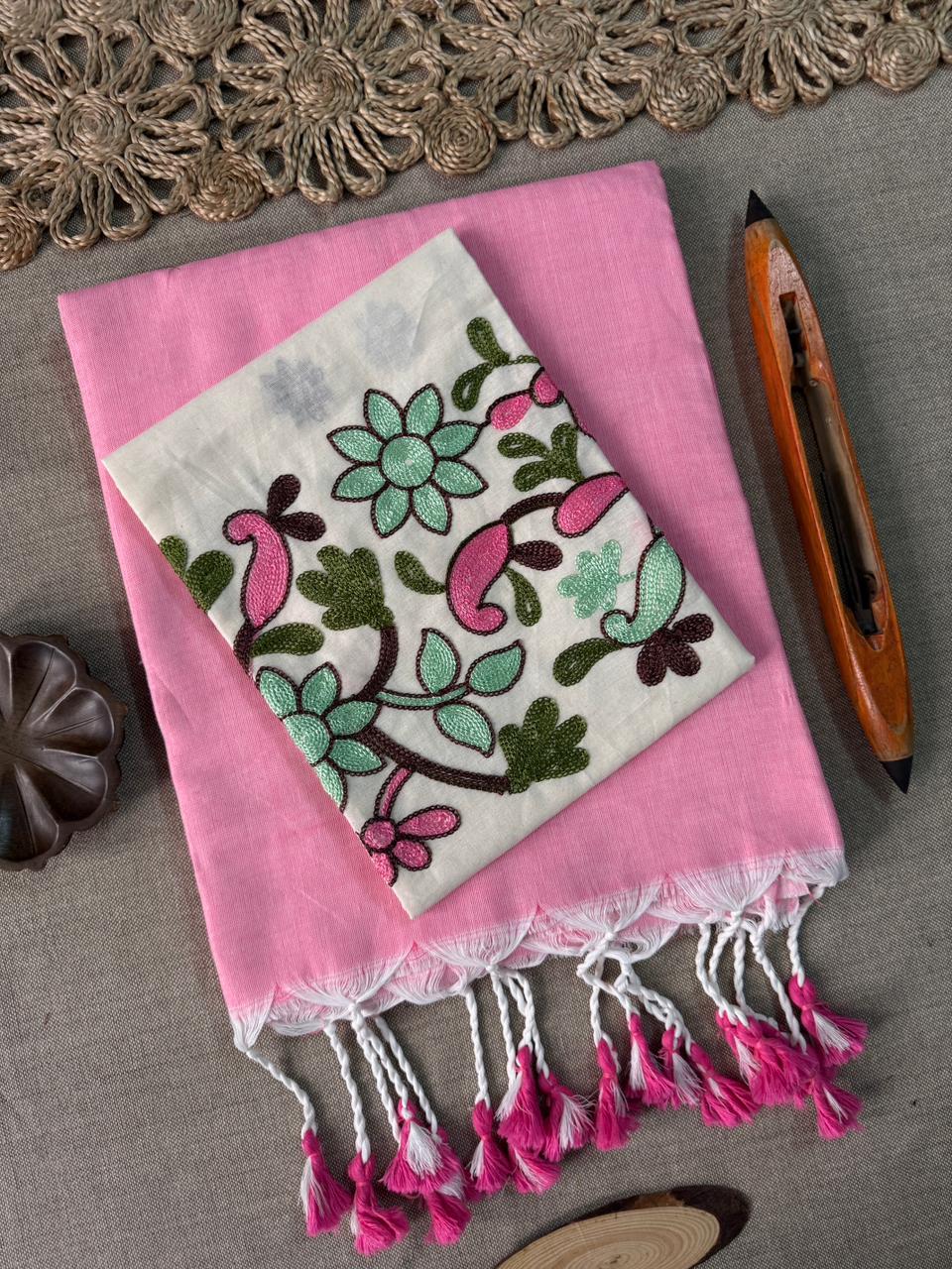 Pure Baby Pink Handloom Cotton Saree with Designer Embroidered Blouse