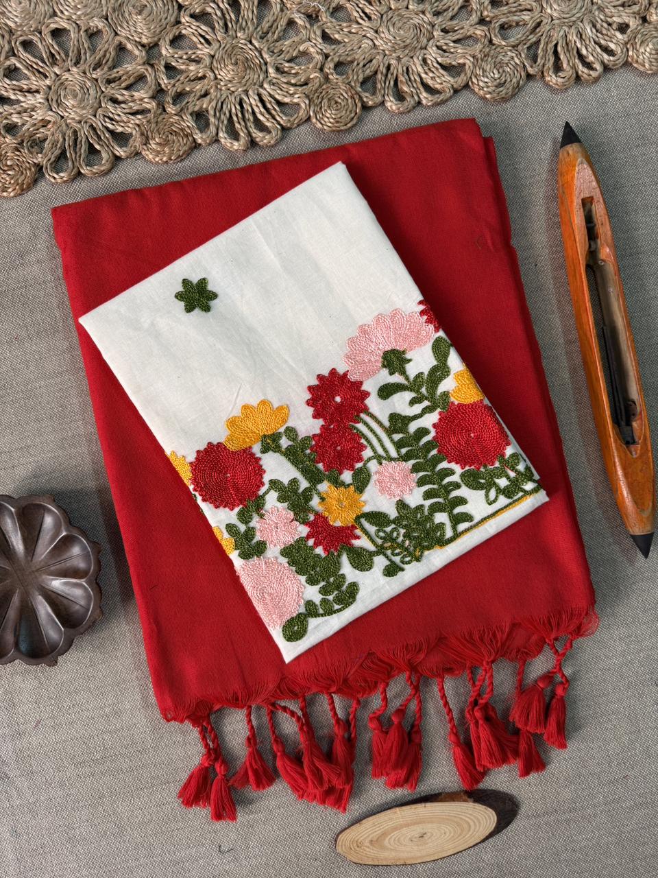 Ethnic Red Handloom Cotton Saree with Traditional Embroidery Blouse