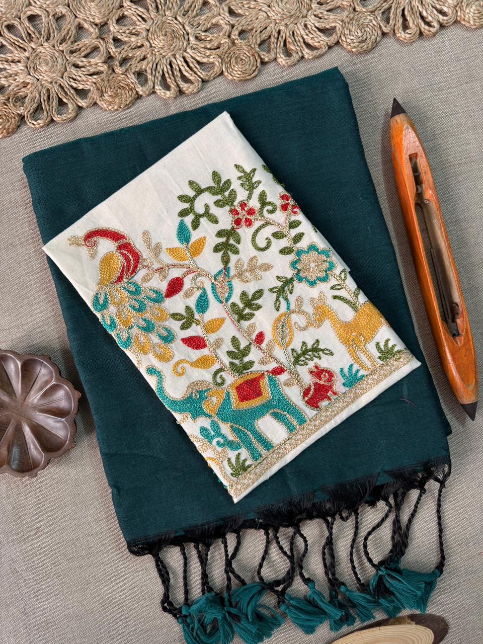 Classy Rama Handloom Cotton Saree with Statement Embroidery Blouse