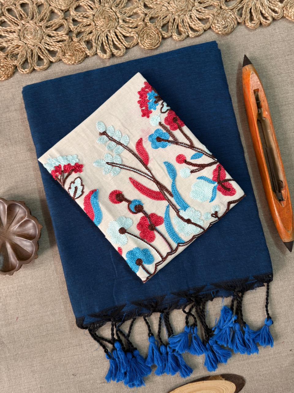 Soft Firozi Handloom Cotton Saree with Floral Embroidery Blouse