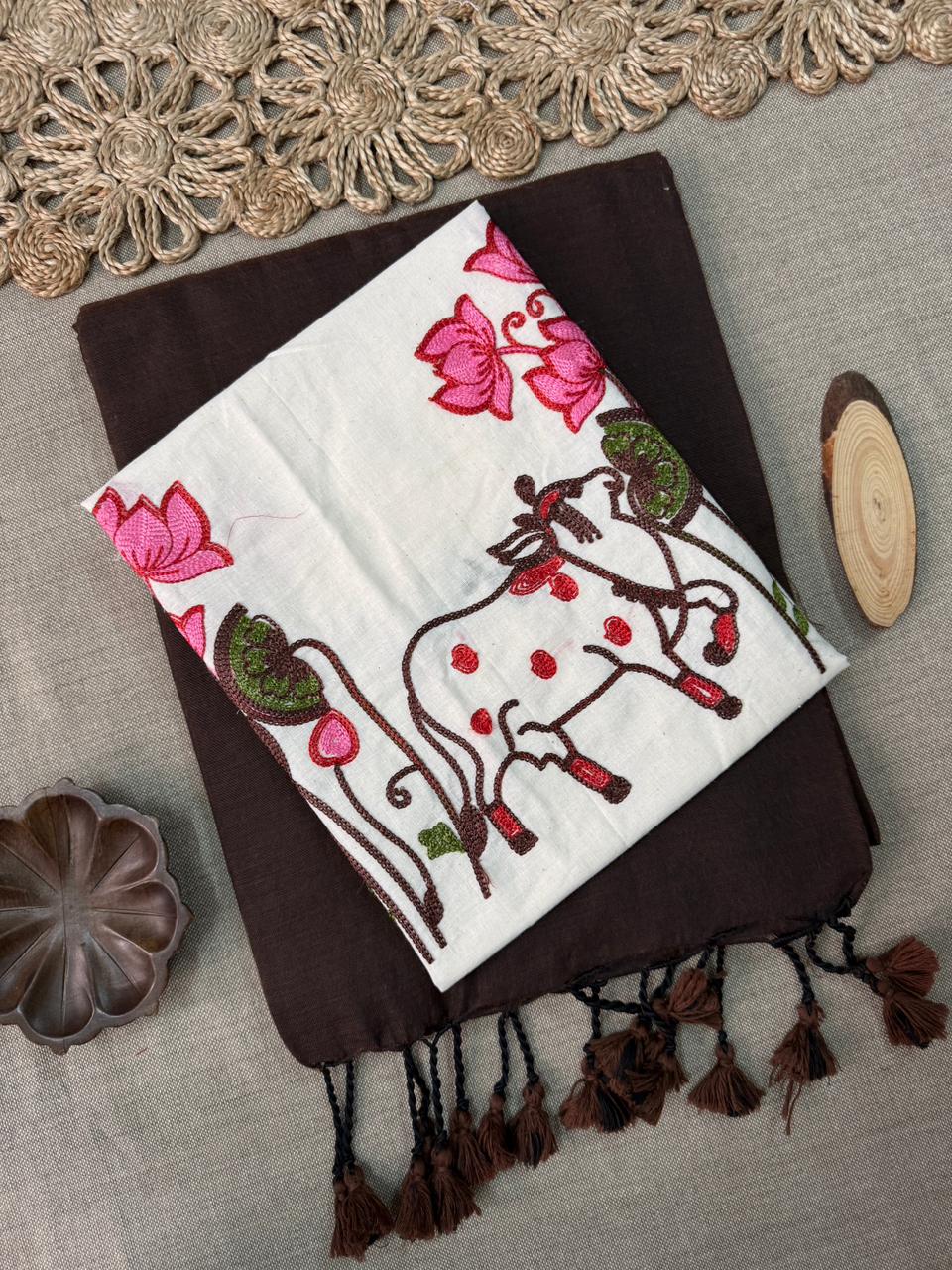 Graceful Brown Handloom Cotton Saree with Modern Embroidery Blouse