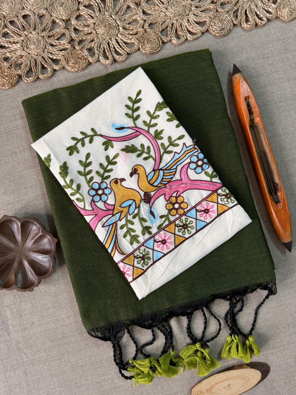 Charming Mehndi Handloom Cotton Saree with Handcrafted Embroidery Blouse