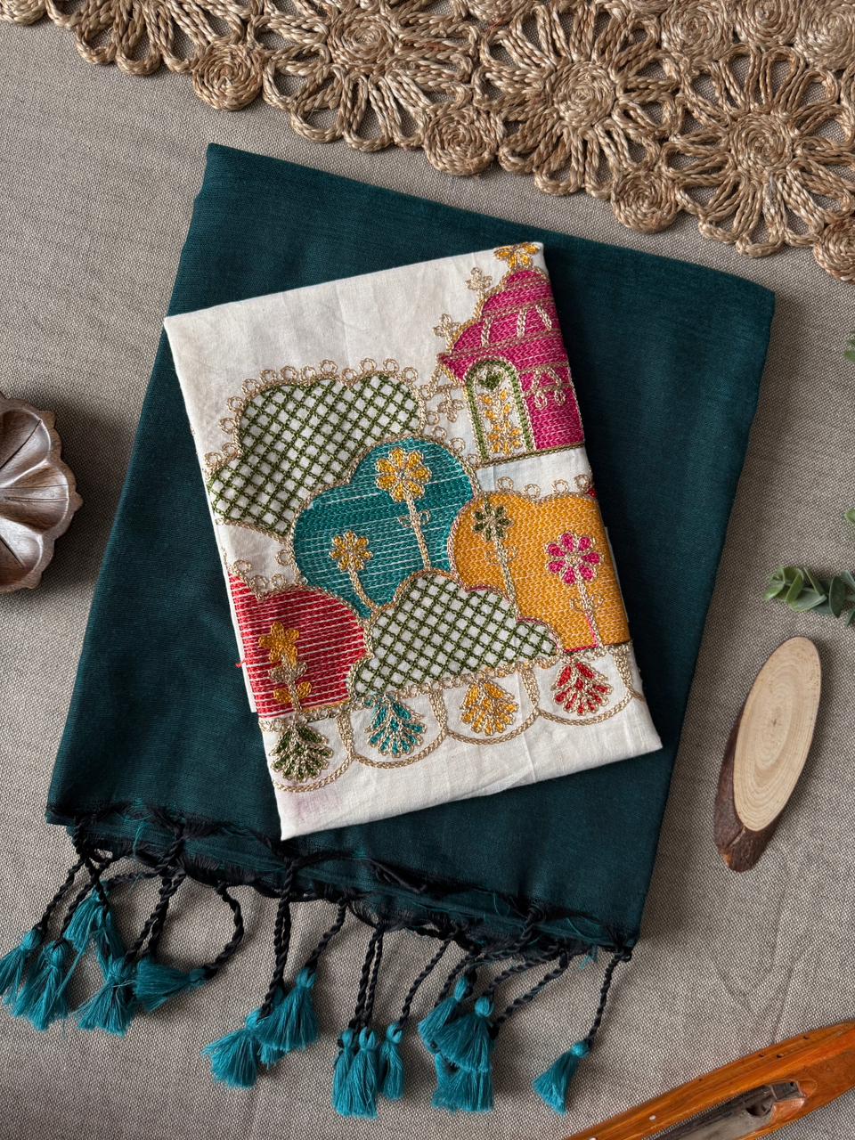Designer Rama Handloom Cotton Saree with Intricate Embroidery Blouse