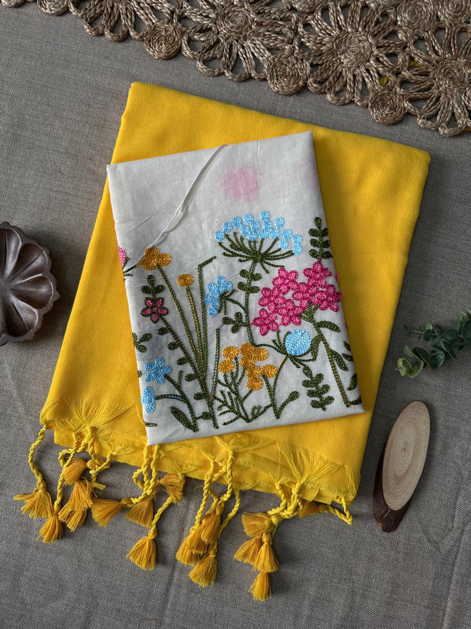 Authentic Yellow Handloom Cotton Saree with Stylish Embroidery Blouse